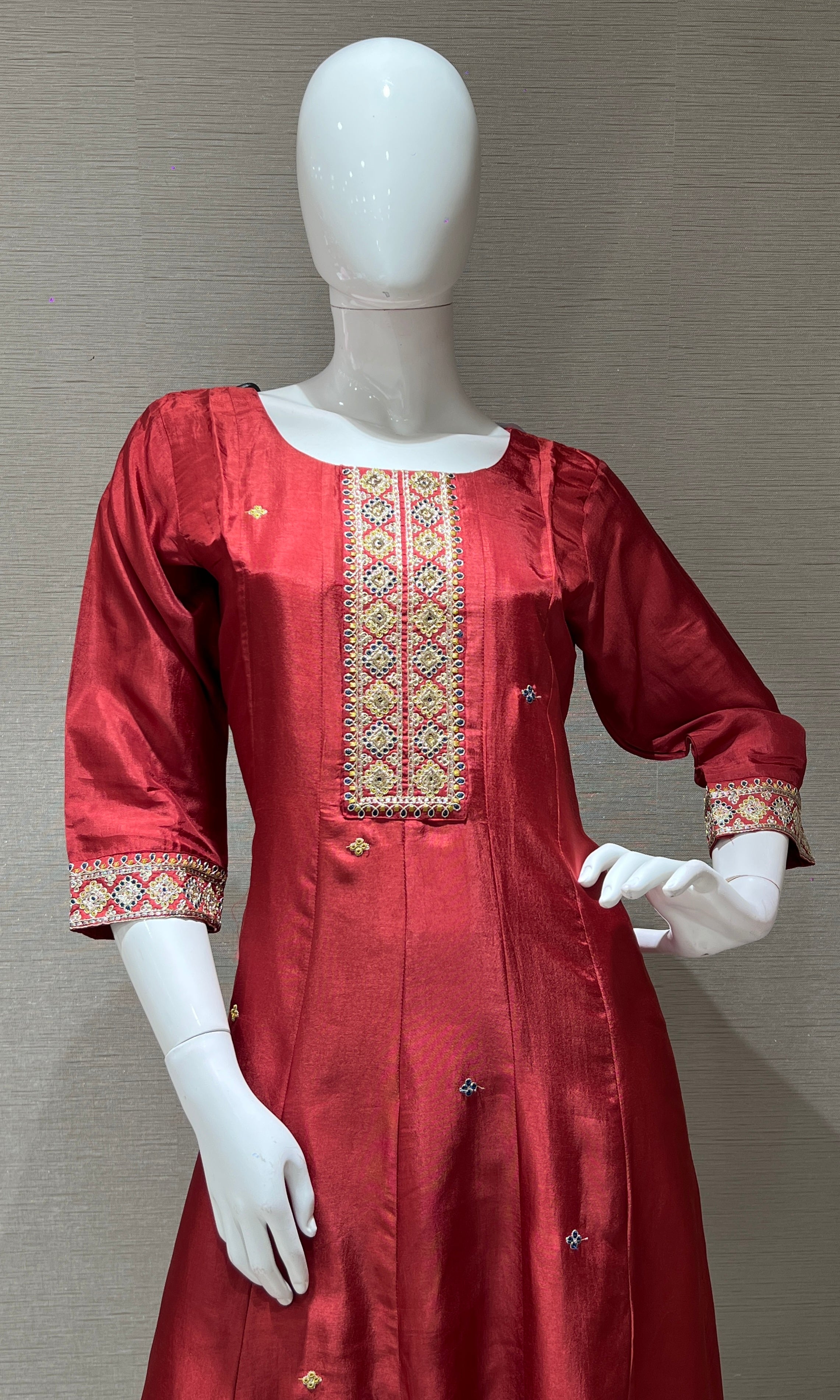 Brown Anarkali set with printed dupatta