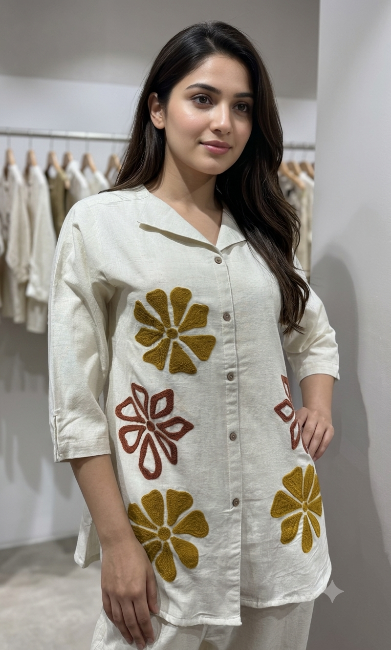 Cream & Mustard Bloom Linen cord Set