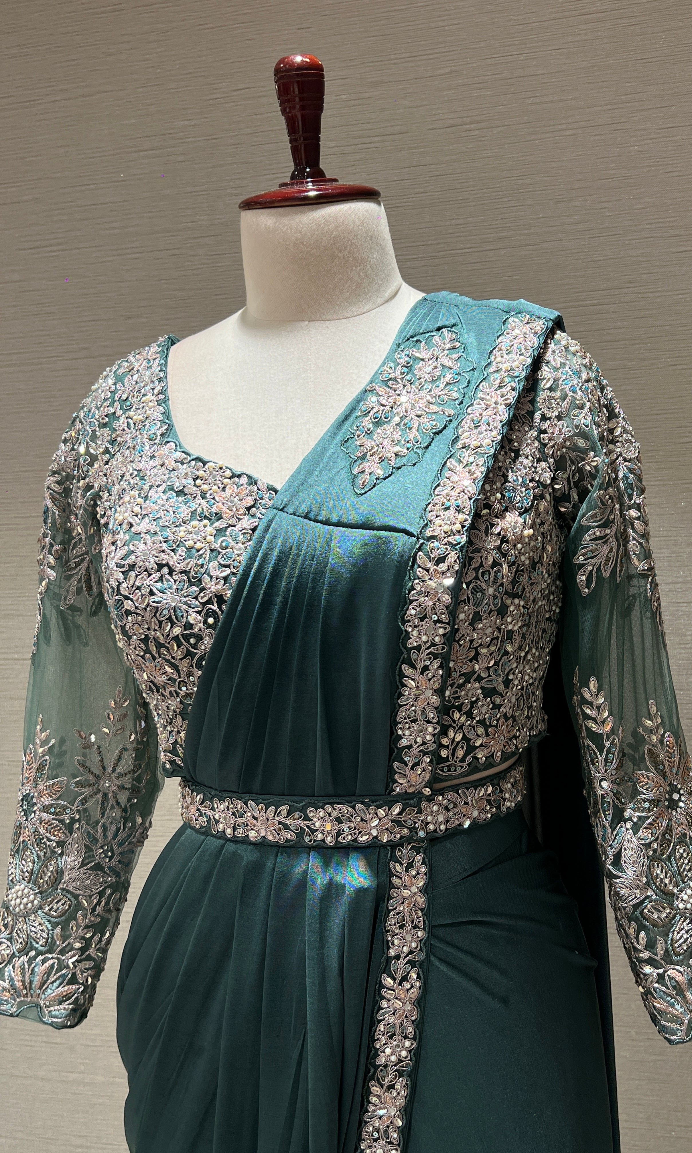 SEA GREEN DRAPE SAREE WITH FLORAL BLOUSE & BELT