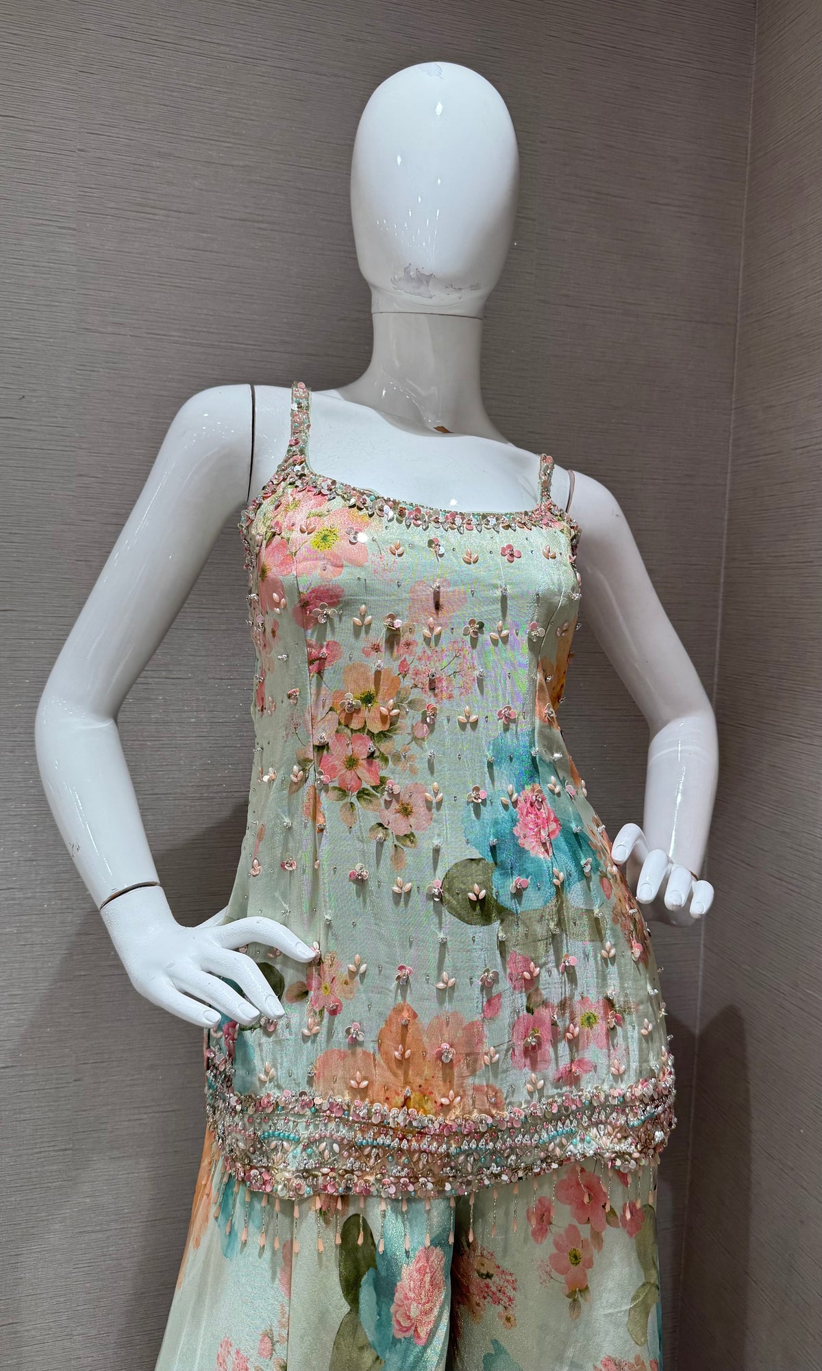 light green Silk Organza Floral Printed Peplum palazzo set