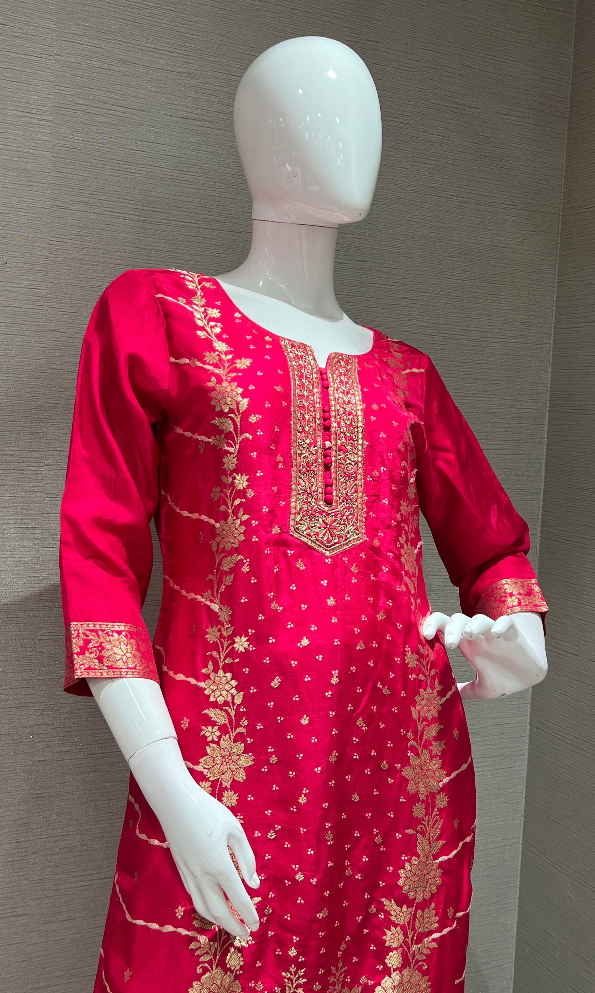 Rani Pink Kurta Set with Gold Print Dupatta