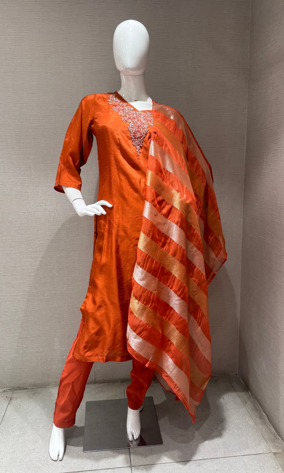 RUST Mul Chanderi Kurta Set with Striped Dupatta