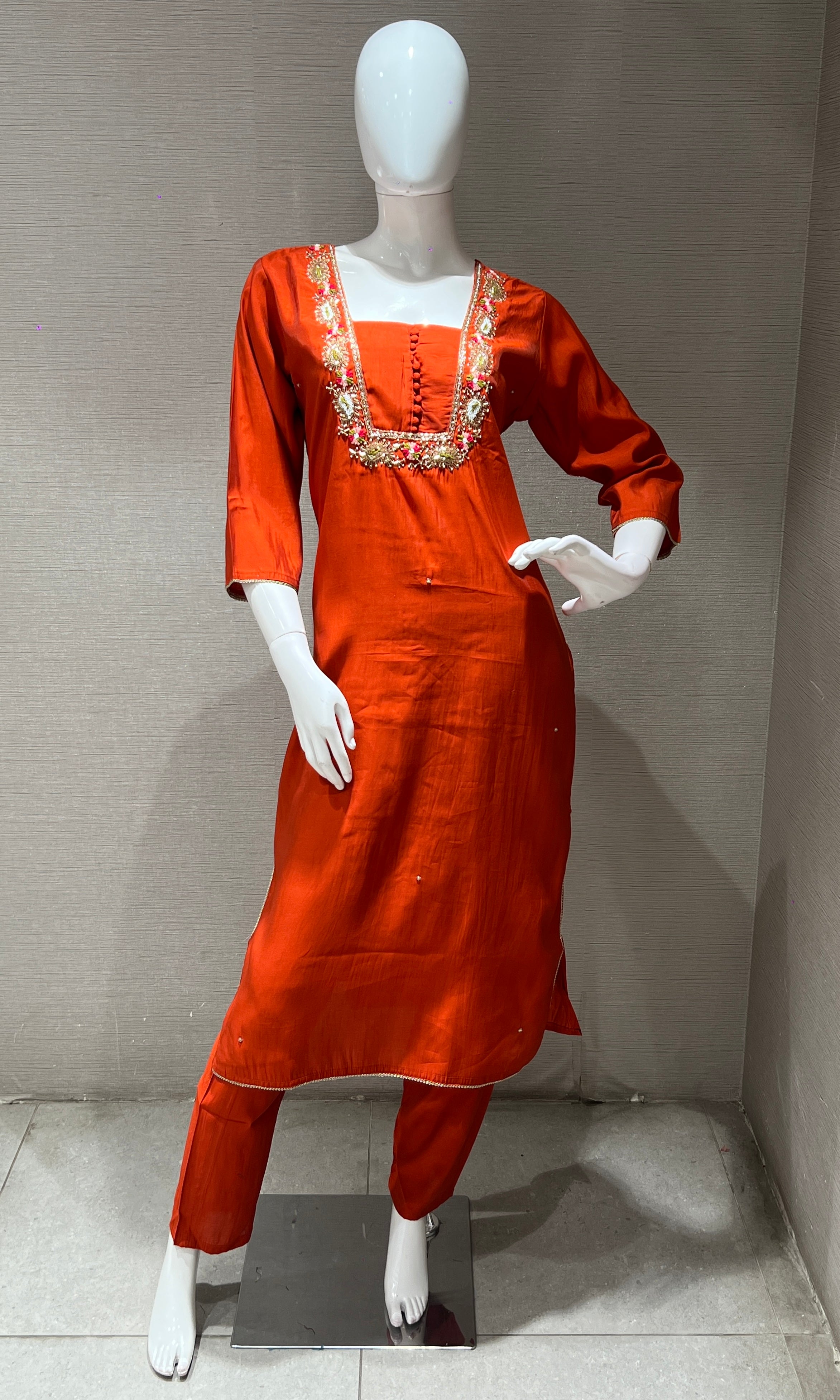 Rust orange embroidered kurti with printed dupatta