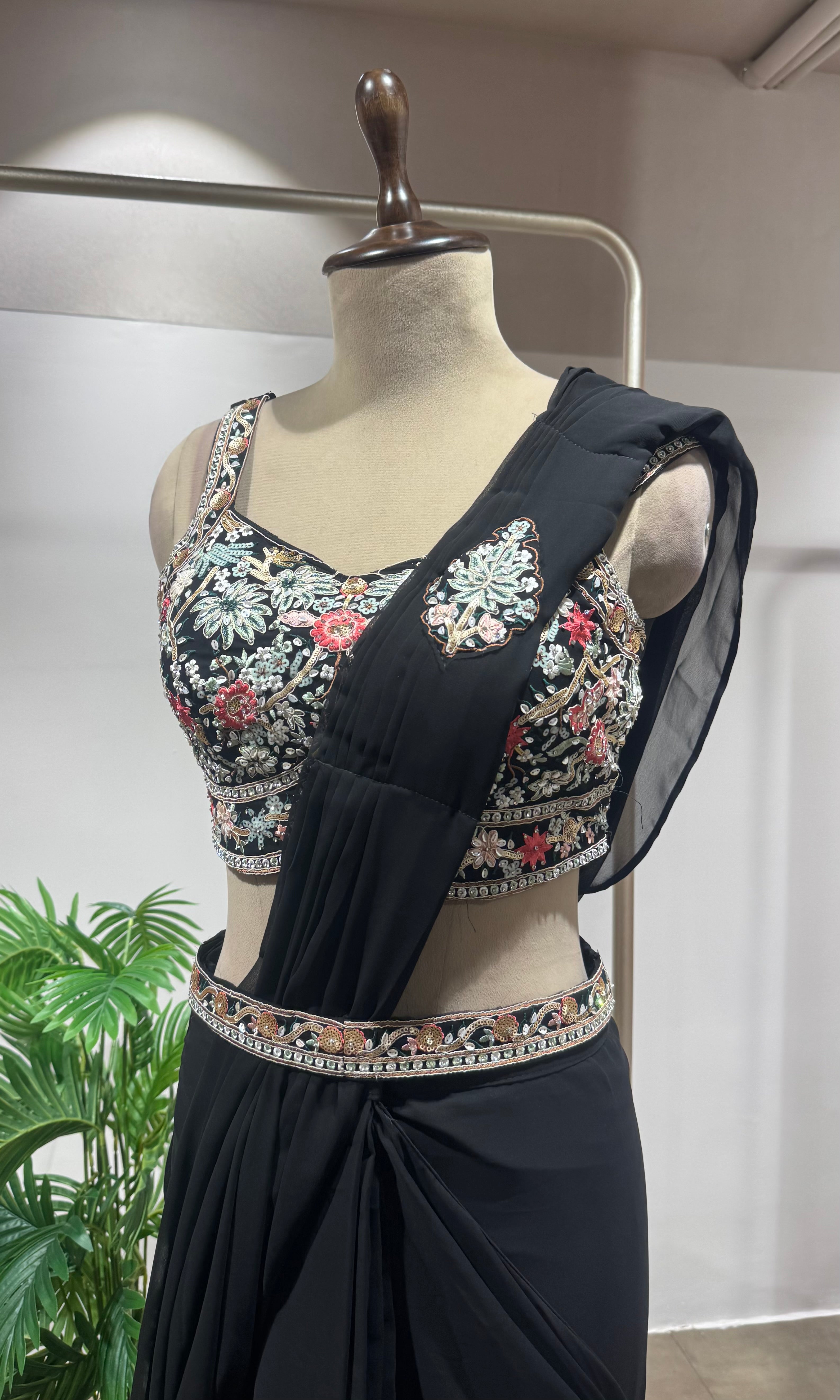 black drape saree with floral blouse & BELT
