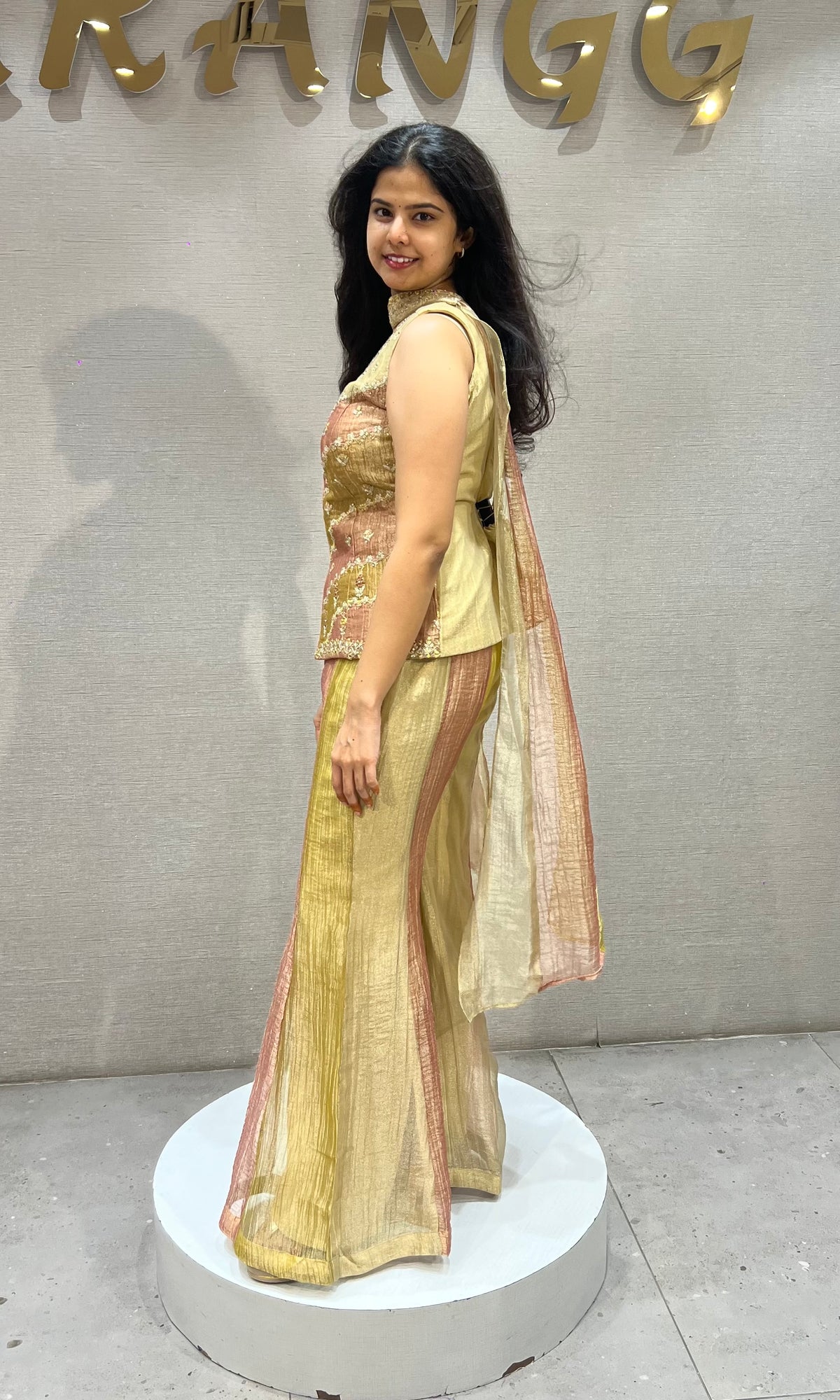 Gold and Pink tissue silk Embroidered Palazzo Set & dupatta