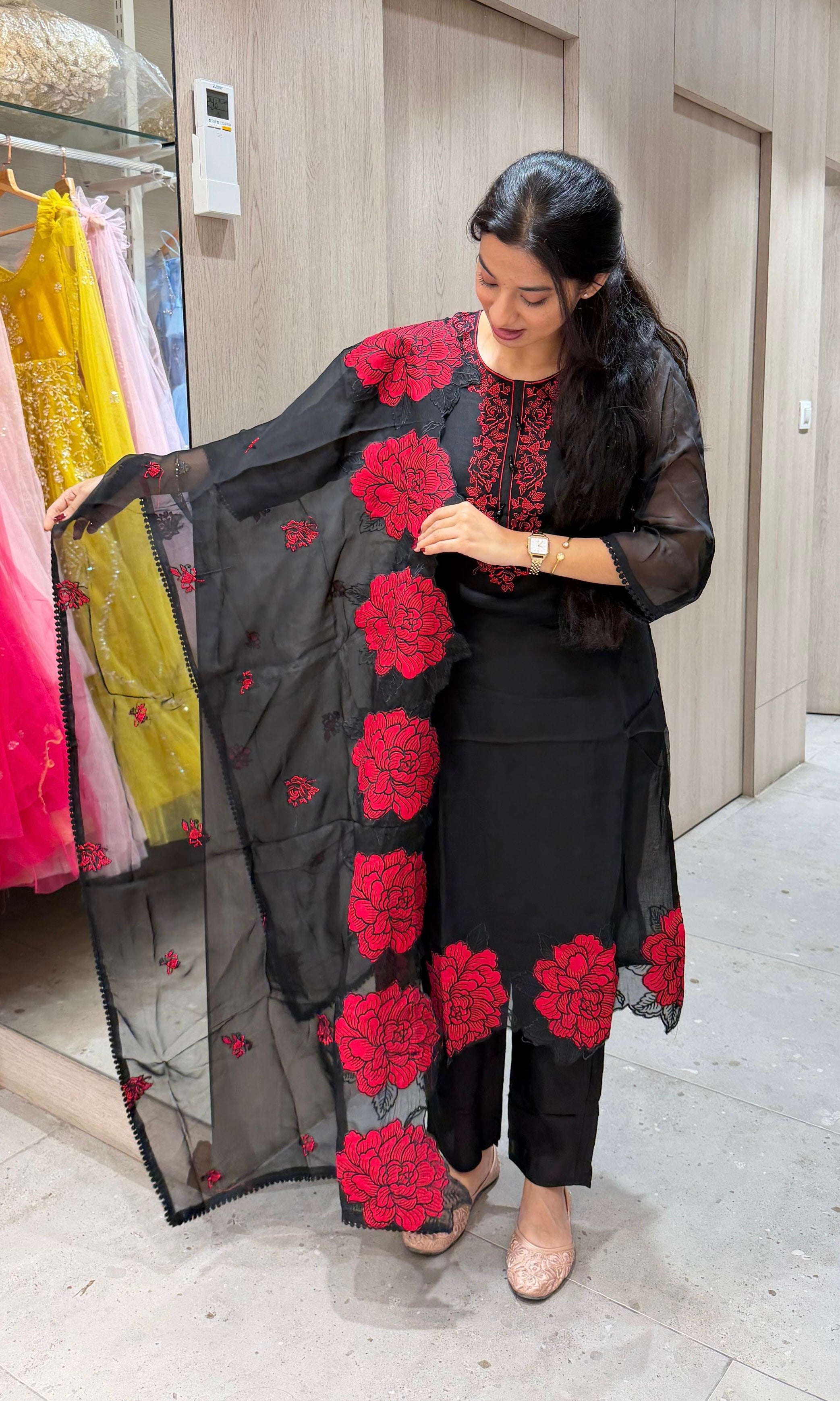 Black RED FLORAL EMBROIDERED kurta set