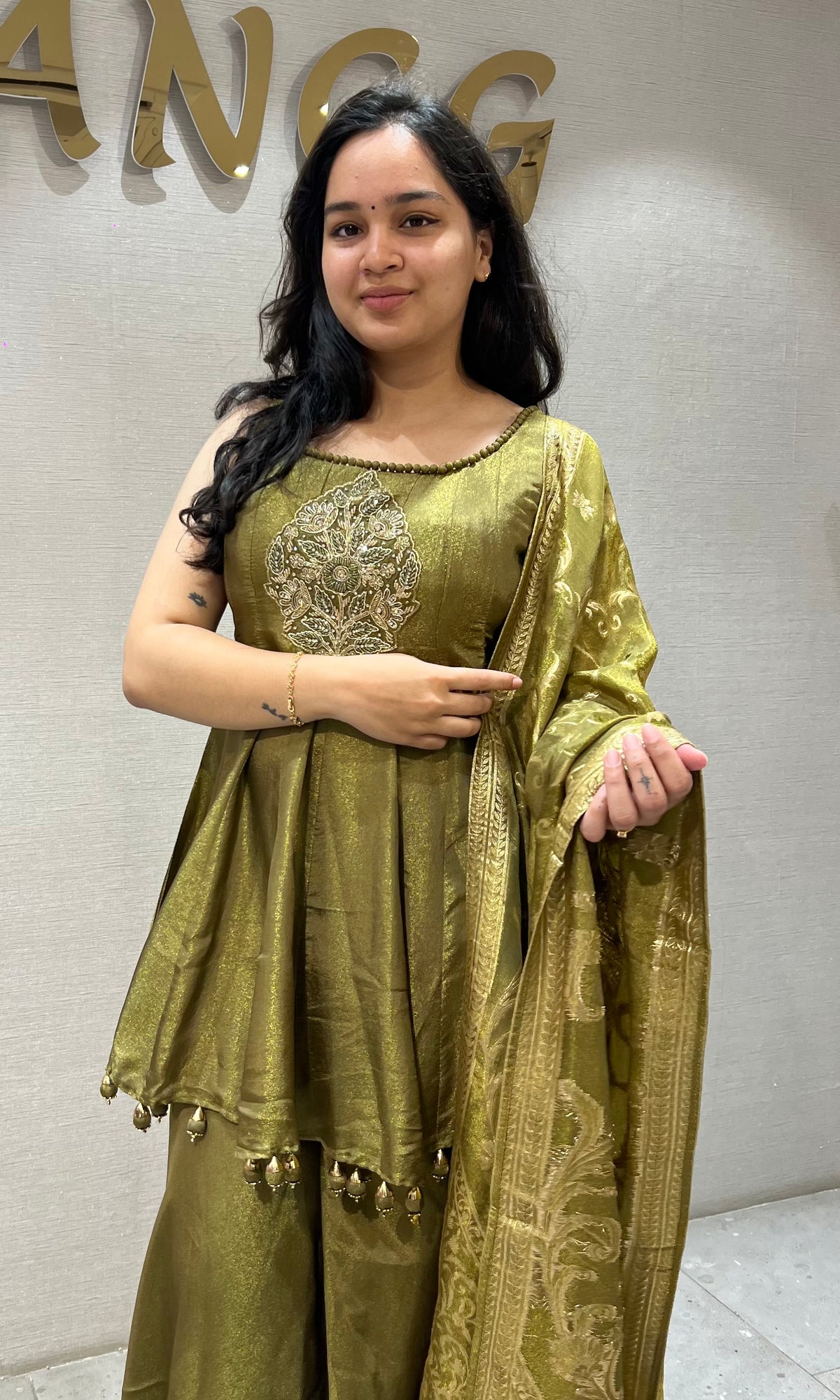 Mehandi Green Shimmer Metallic Ethnic Palazzo Set
