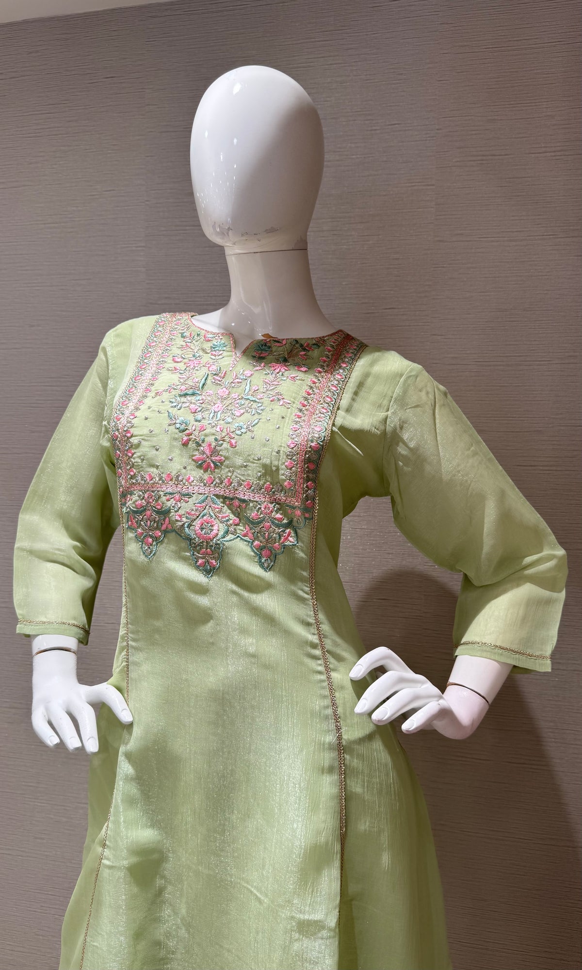 Pastel Green Floral Embroidered A-Line Kurta top