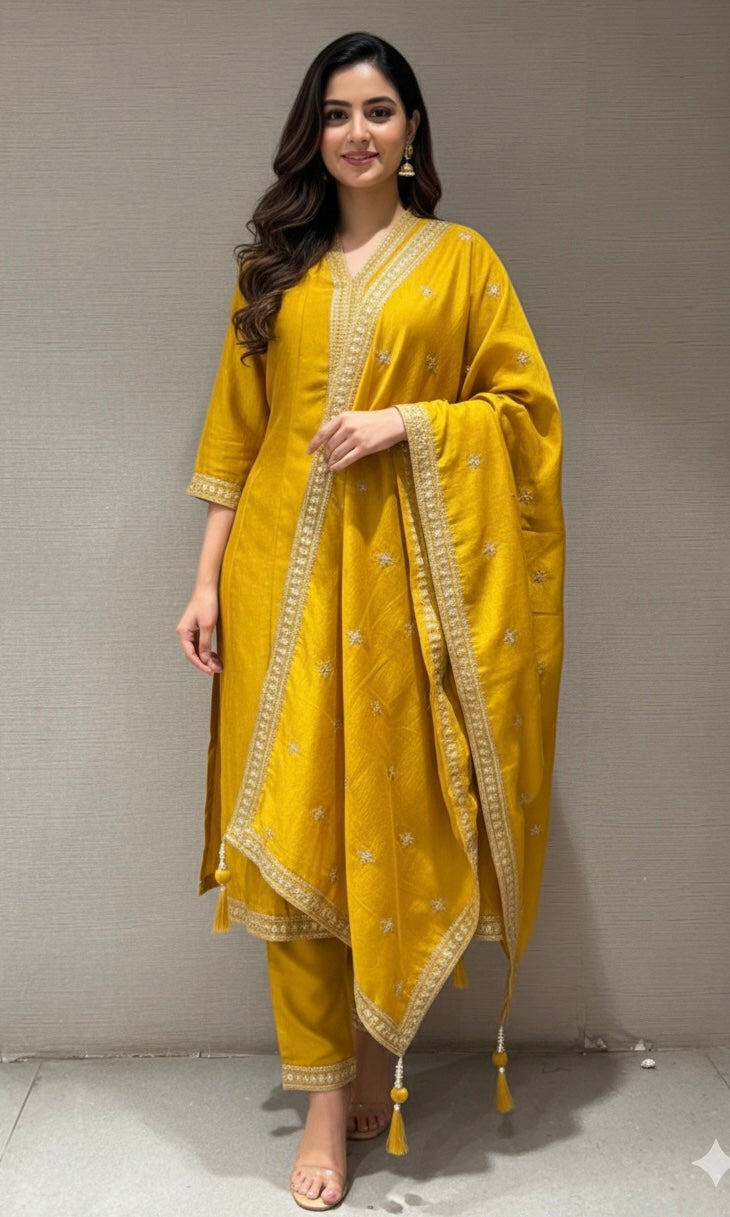 Yellow EMBROIDERED ANARKALI KURTA SET