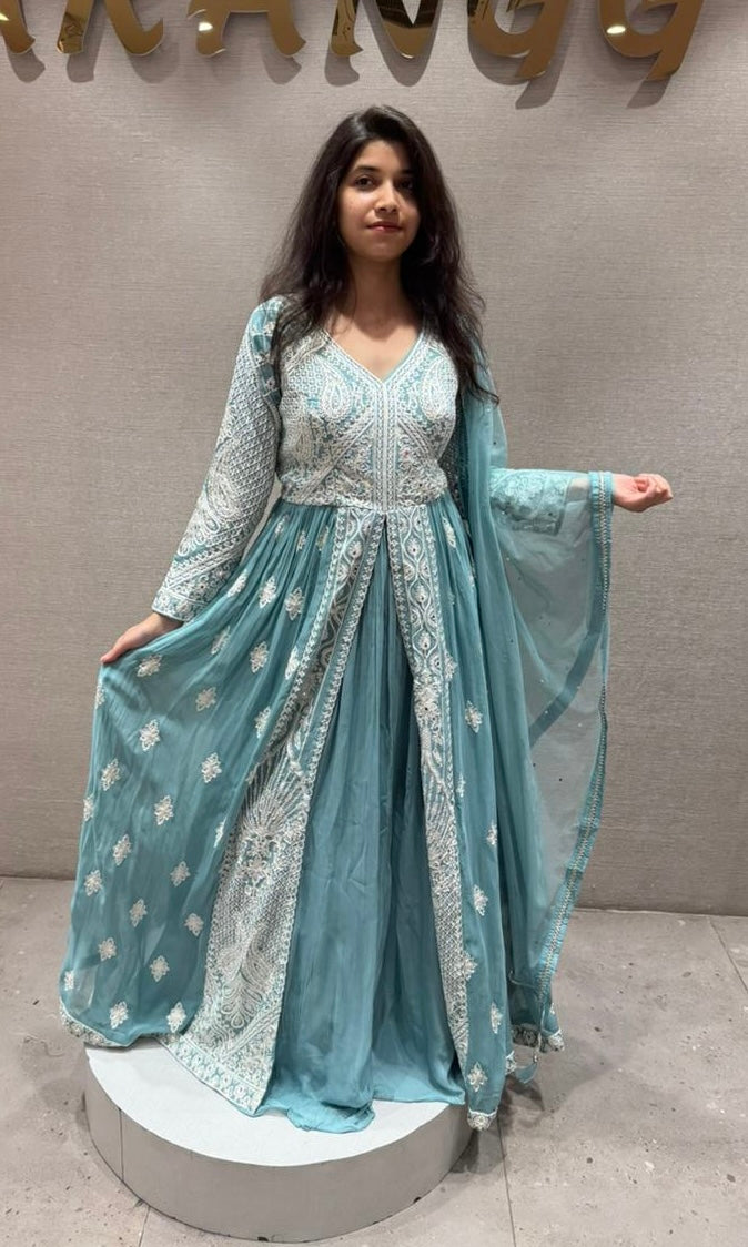 Azure Mist Chikankari Anarkali kurta Set