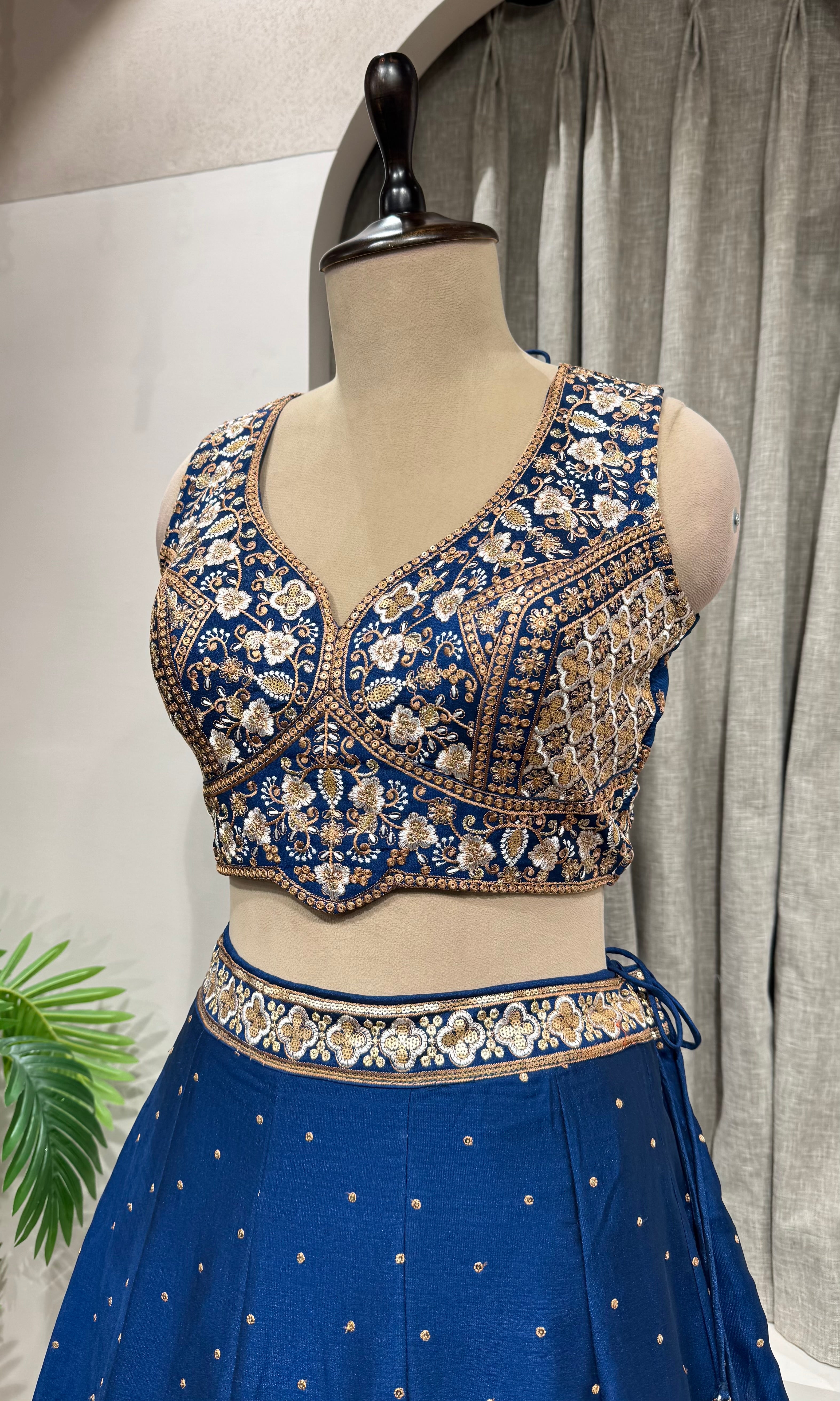 blue intricate silver & gold embroidery Lehenga