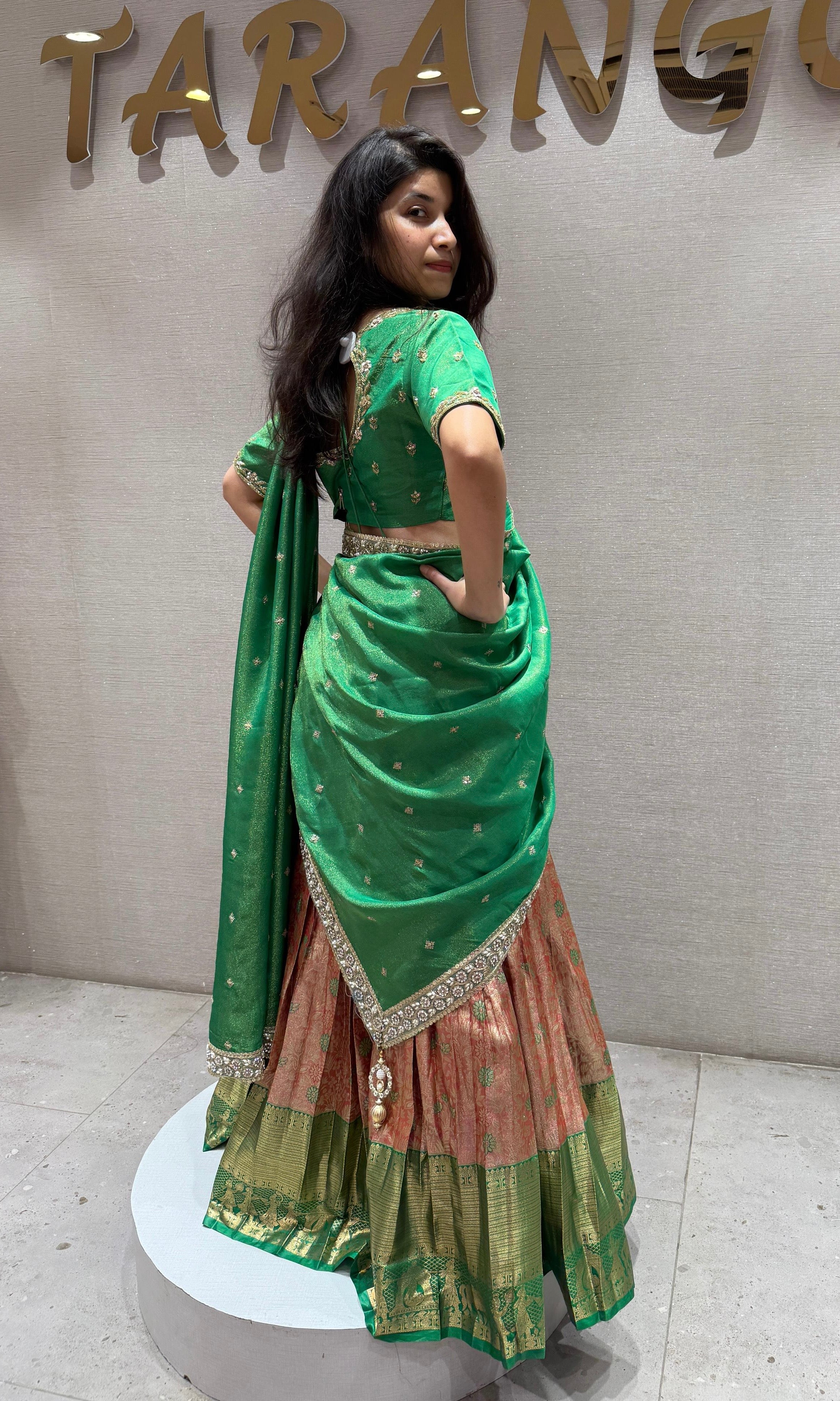 Green orange silk pattu Lehenga