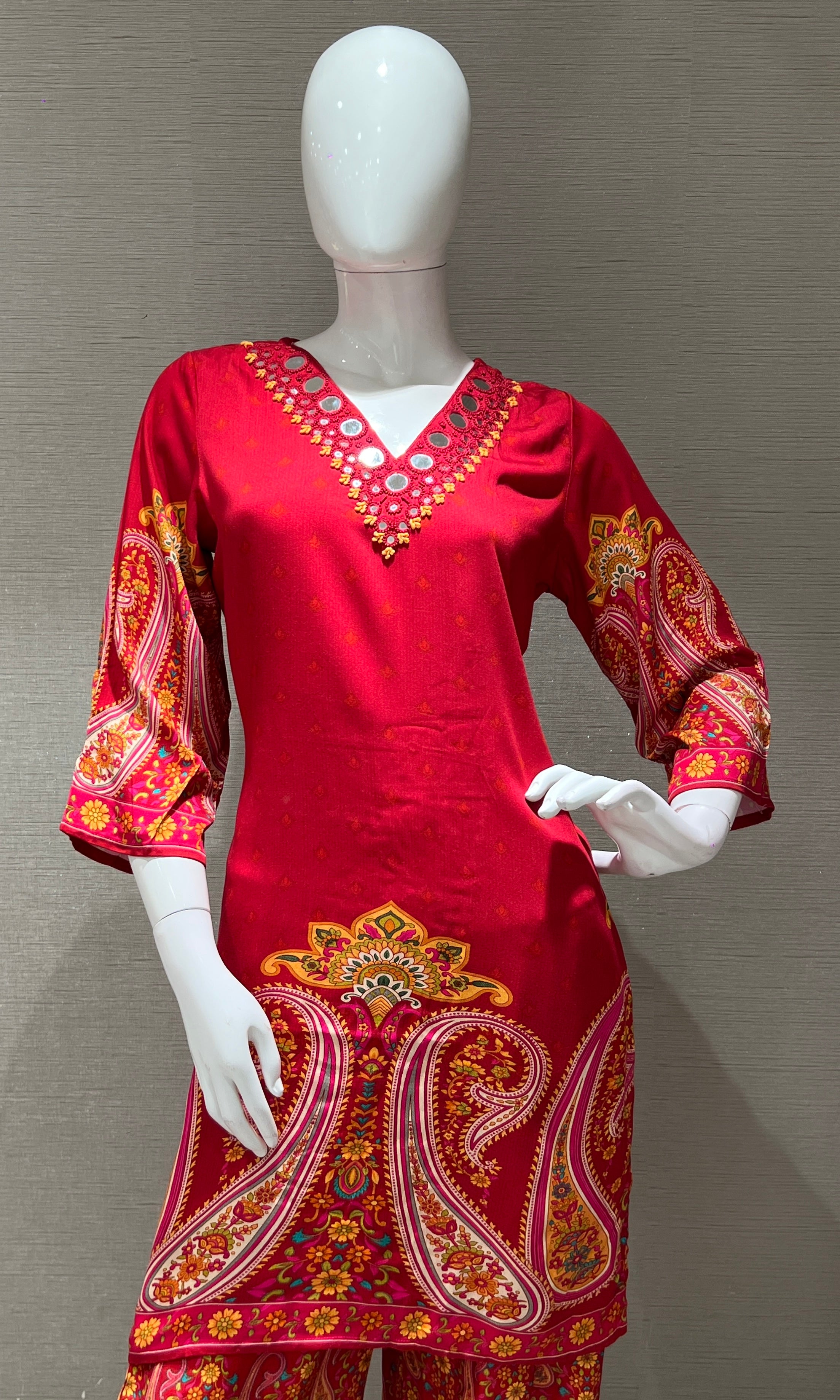 Red Ethnic Print Kurta Pant Cord Set