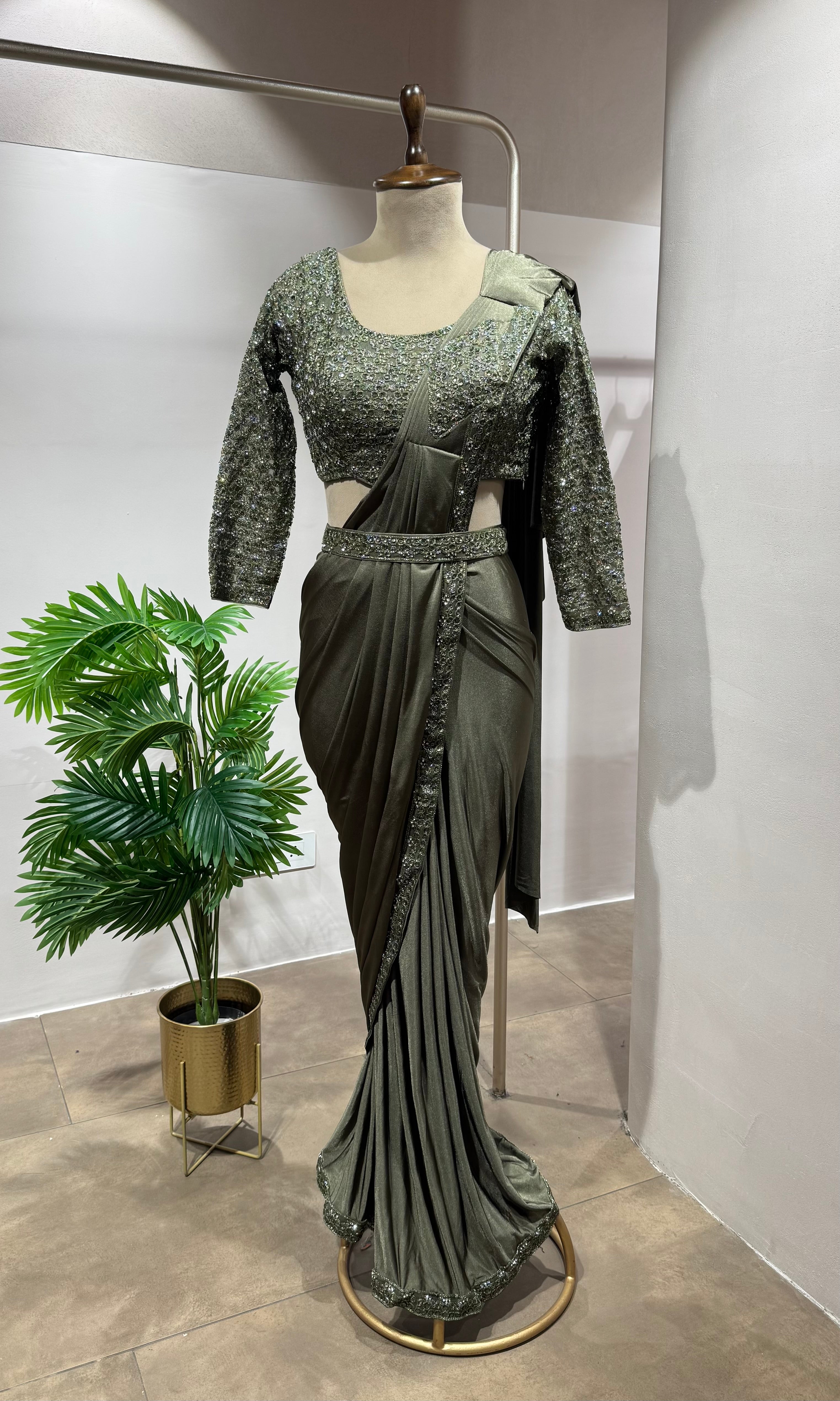 GREEN DRAPE SAREE WITH ETHNIC BLOUSE & BELT