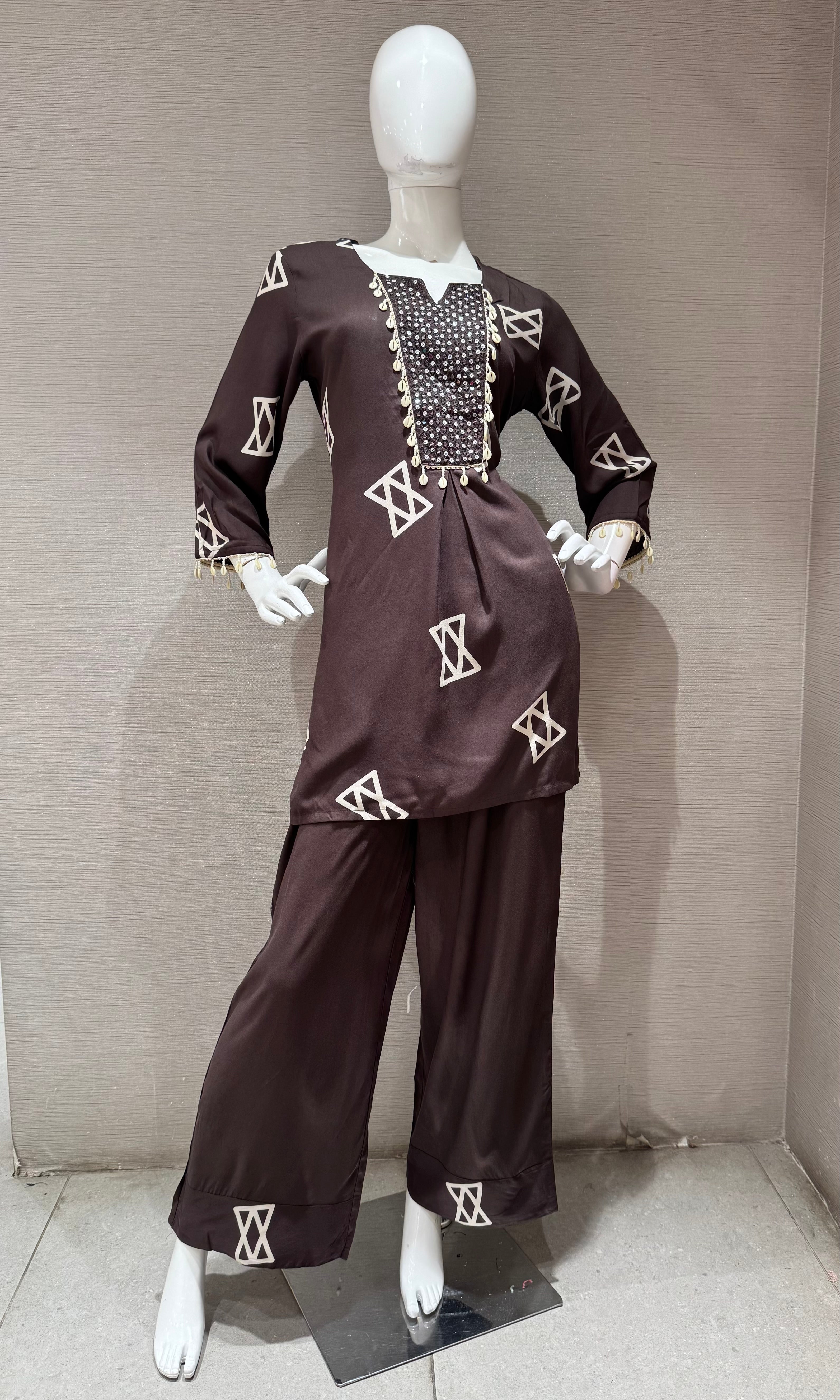 Brown Geometric Print Ethnic Co-Ord Set