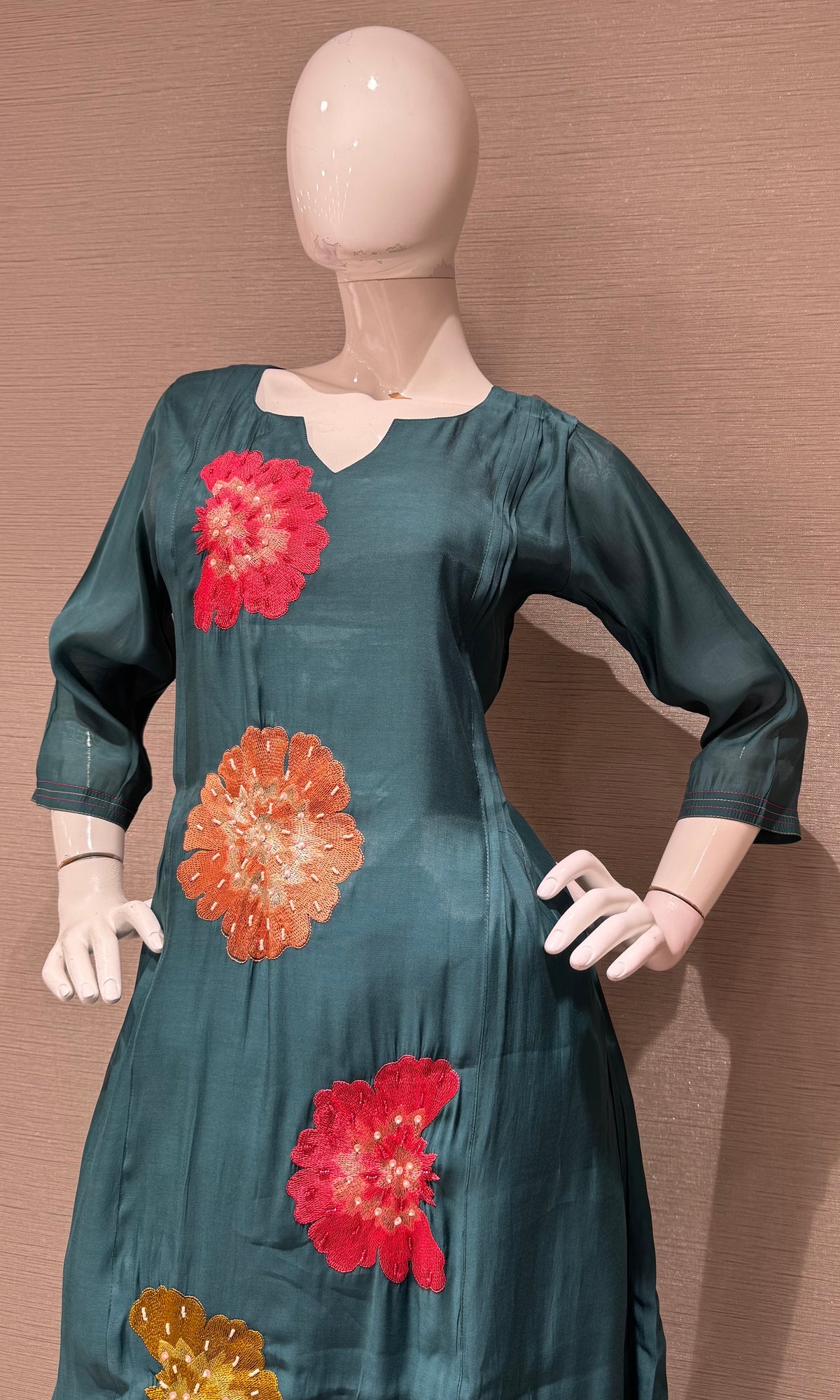 Sea Green cotton silk Floral Motif Kurta set with dupatta