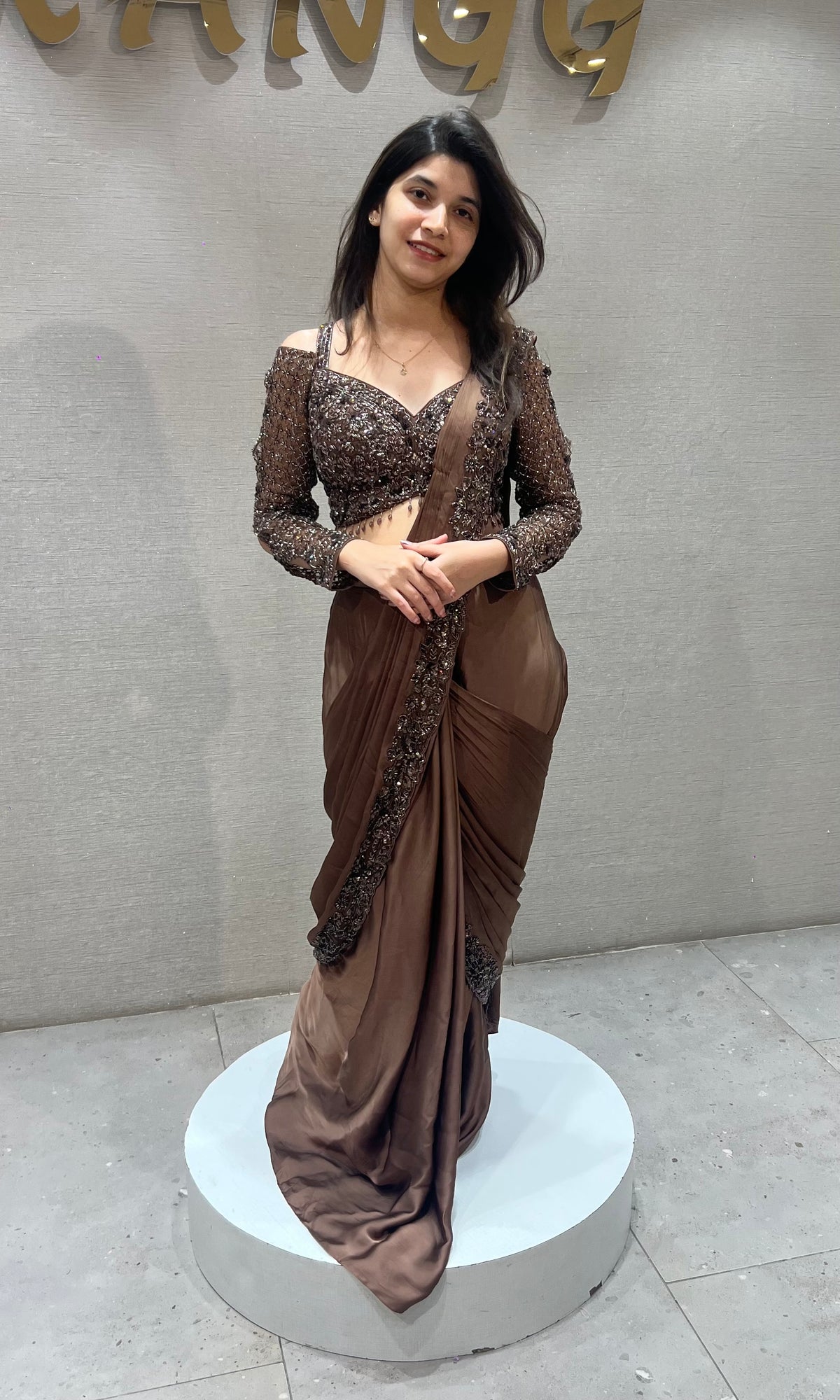 Chocolate Brown Draped Satin Saree Set