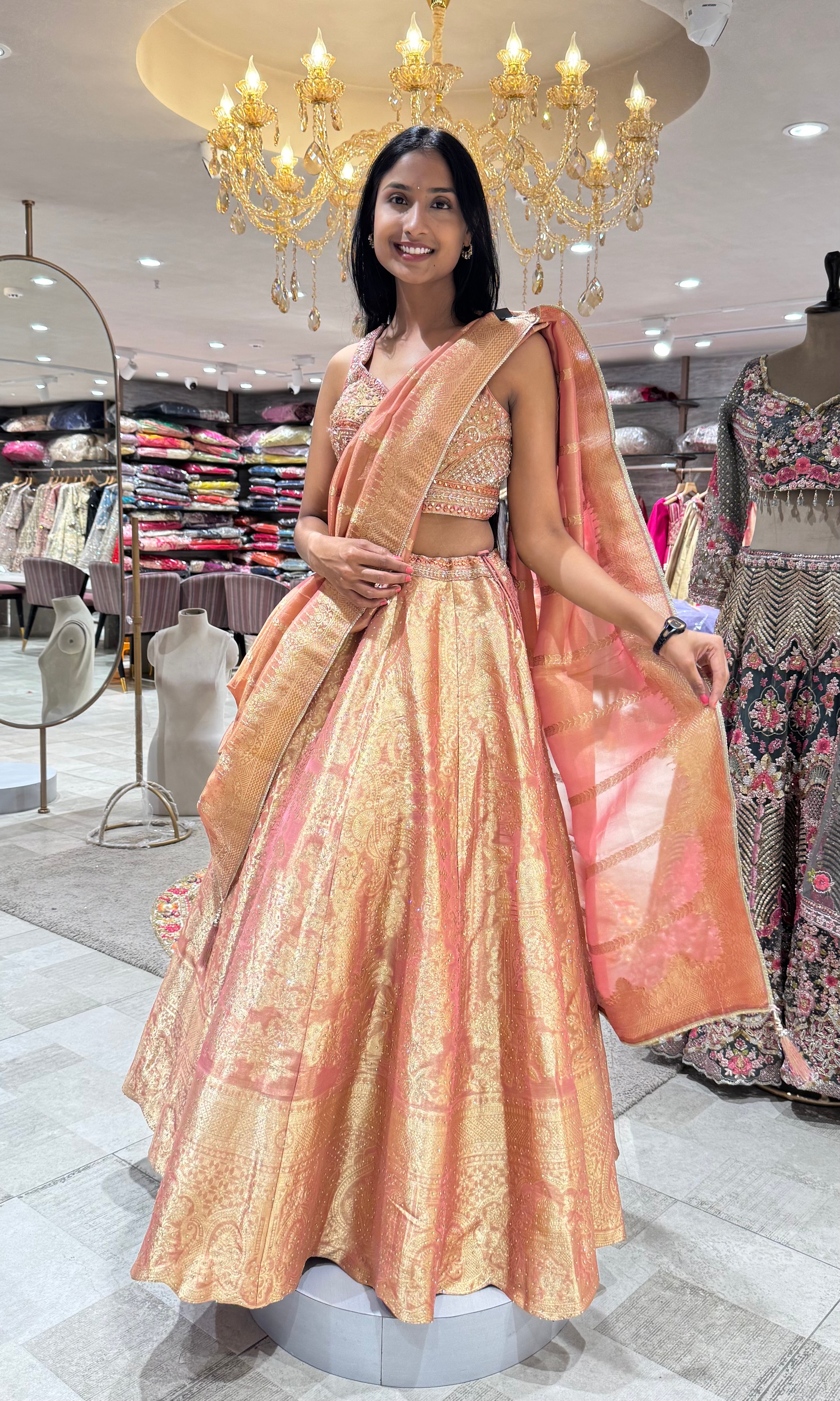 Peach Tissue Embroidered Lehenga