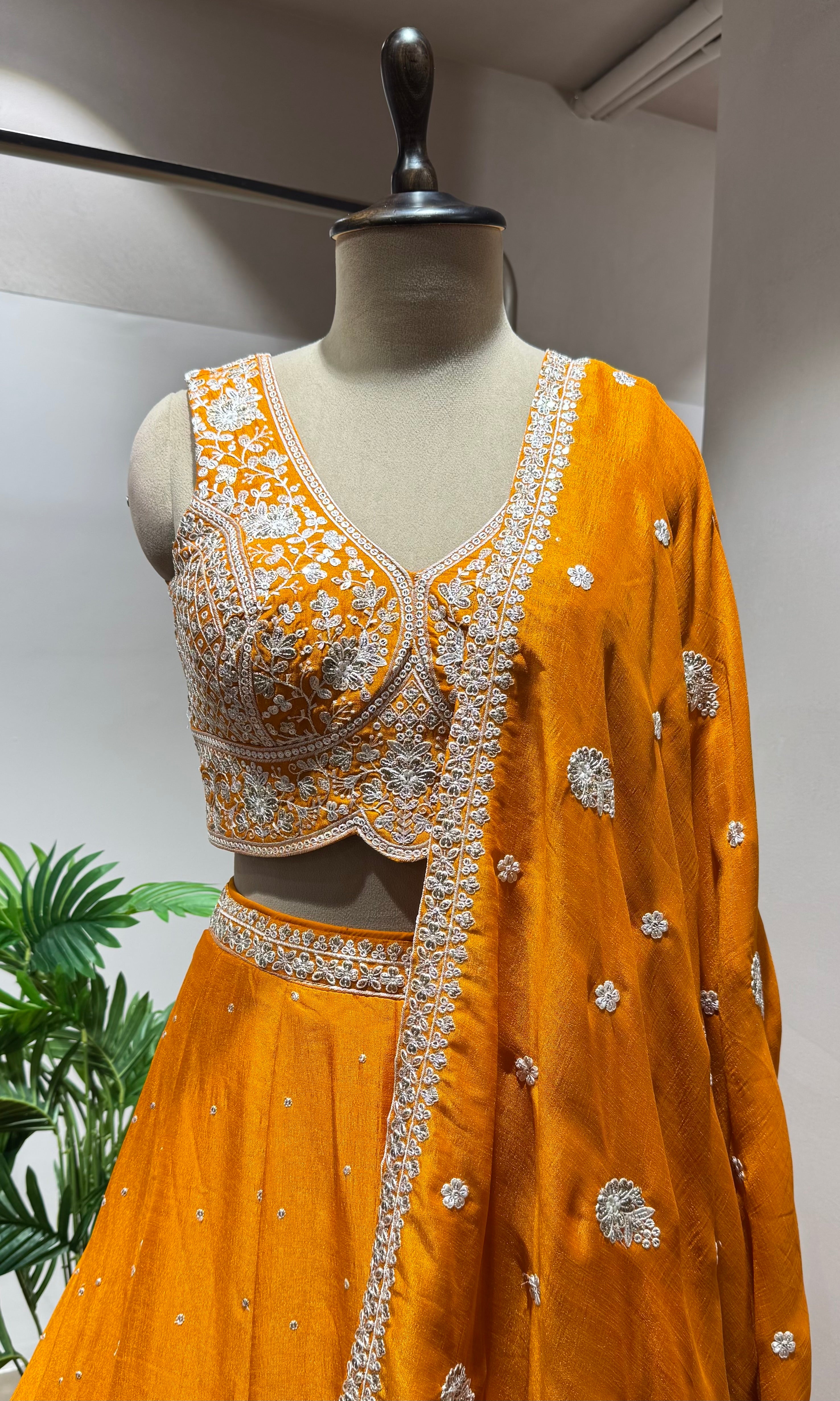 Orange Lehenga Set with Embellished Blouse & Dupatta