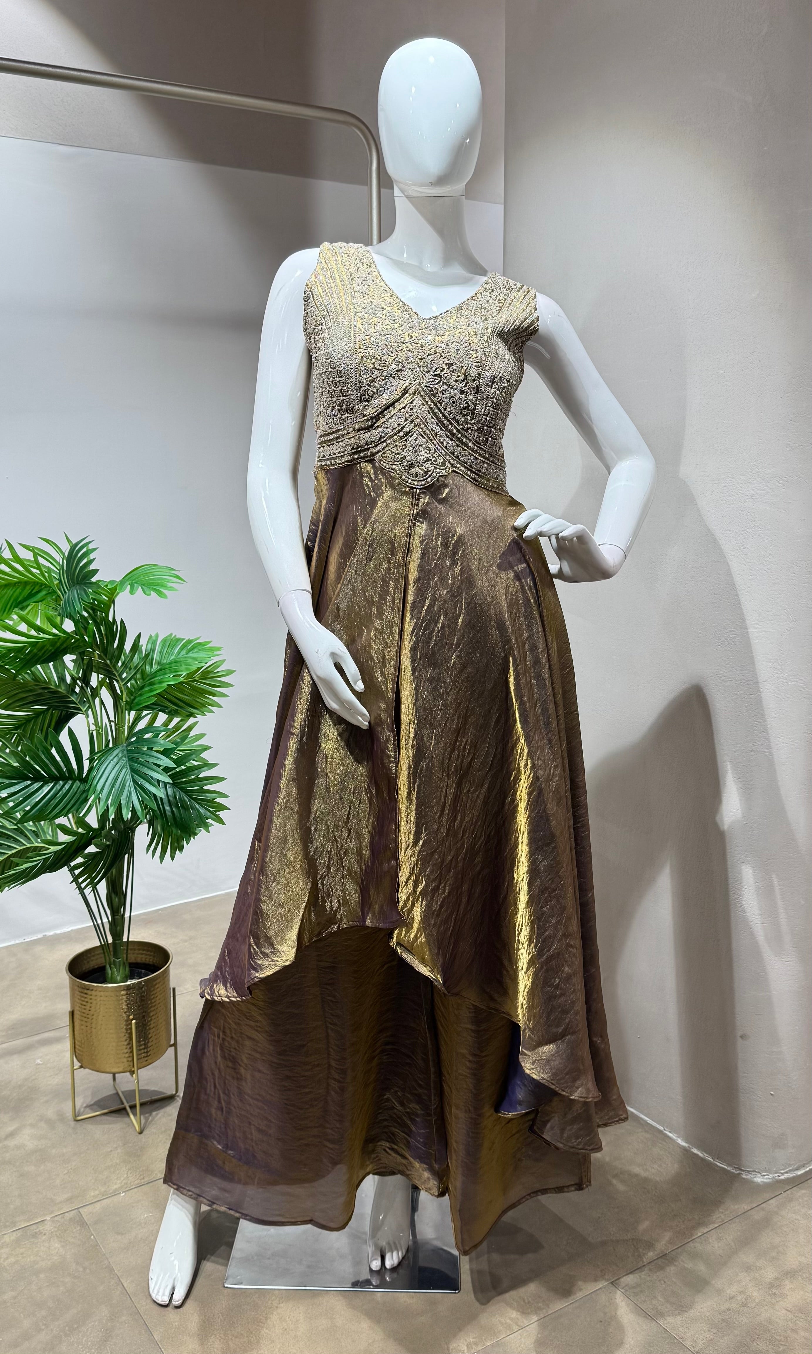Brown gold shimmer tissue A line anarkali
