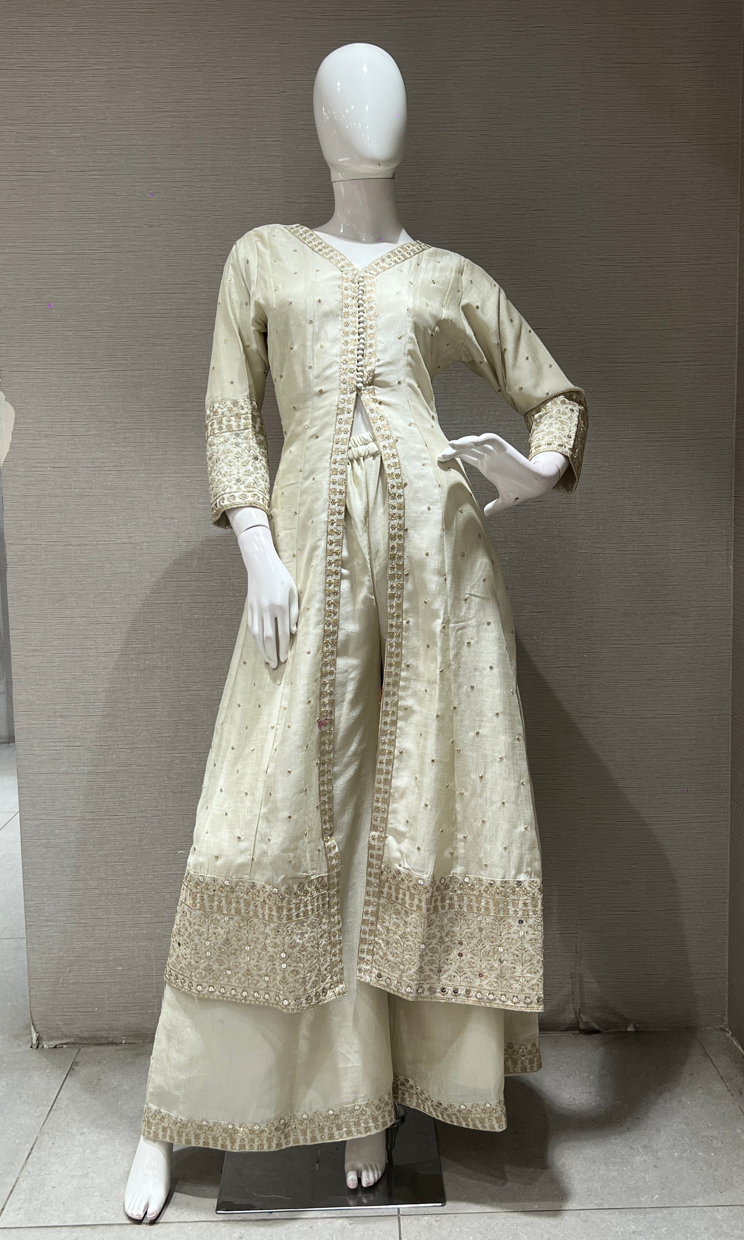 Cream embroidered front slit Anarkali