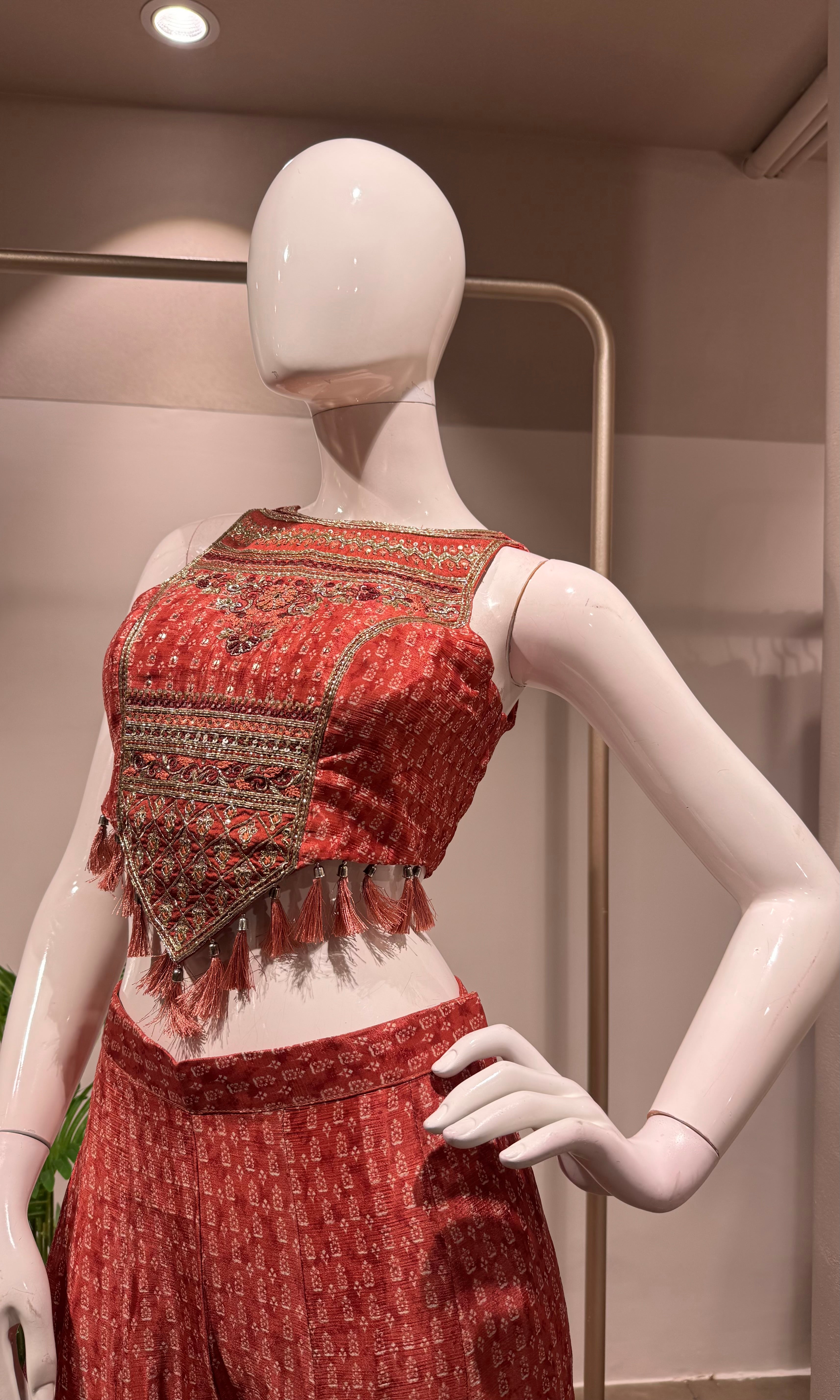 RUST EMBELLISHED BLOUSE WITH PLAZZO PANTS