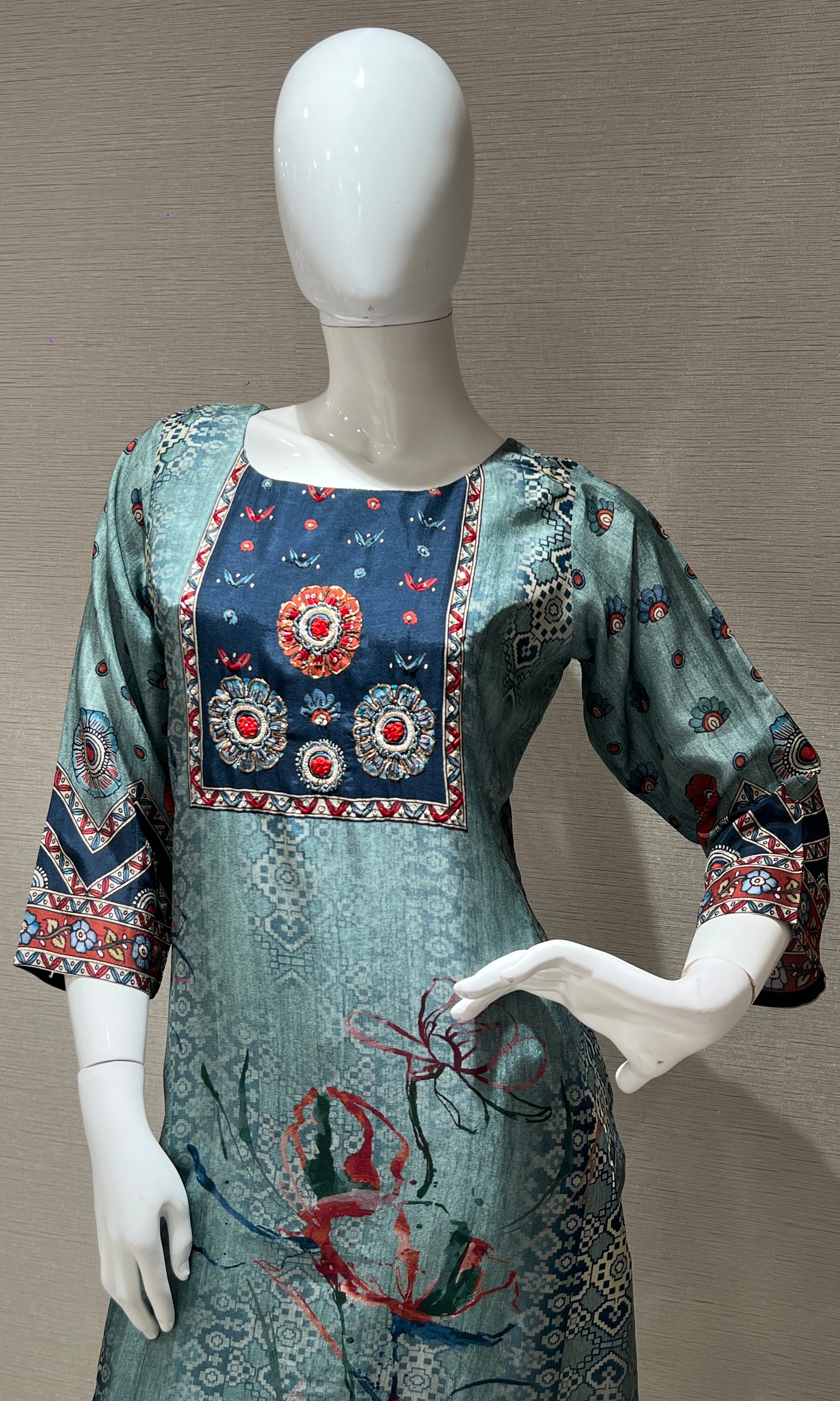 blue and sea green tussar silk kurta set