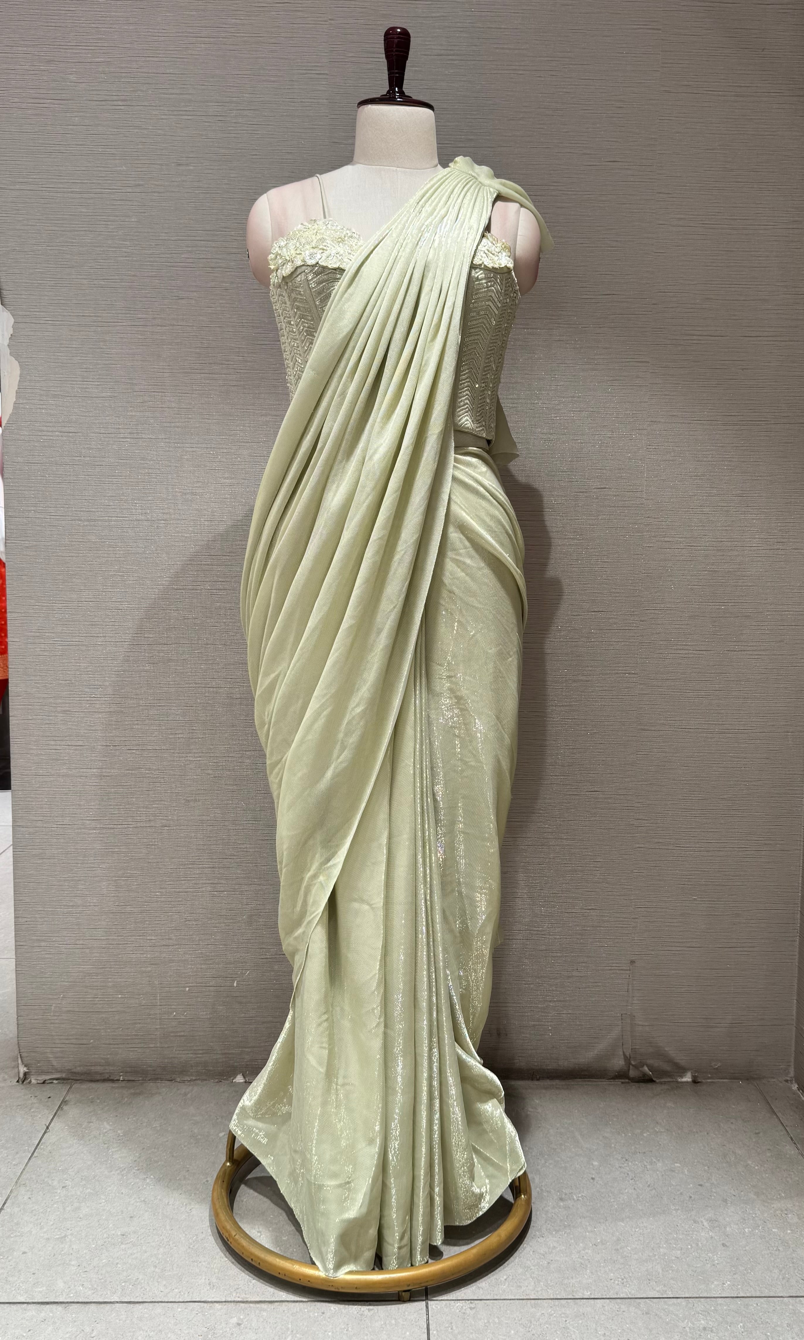 Pista green Pleated Drape Saree with corset blouse