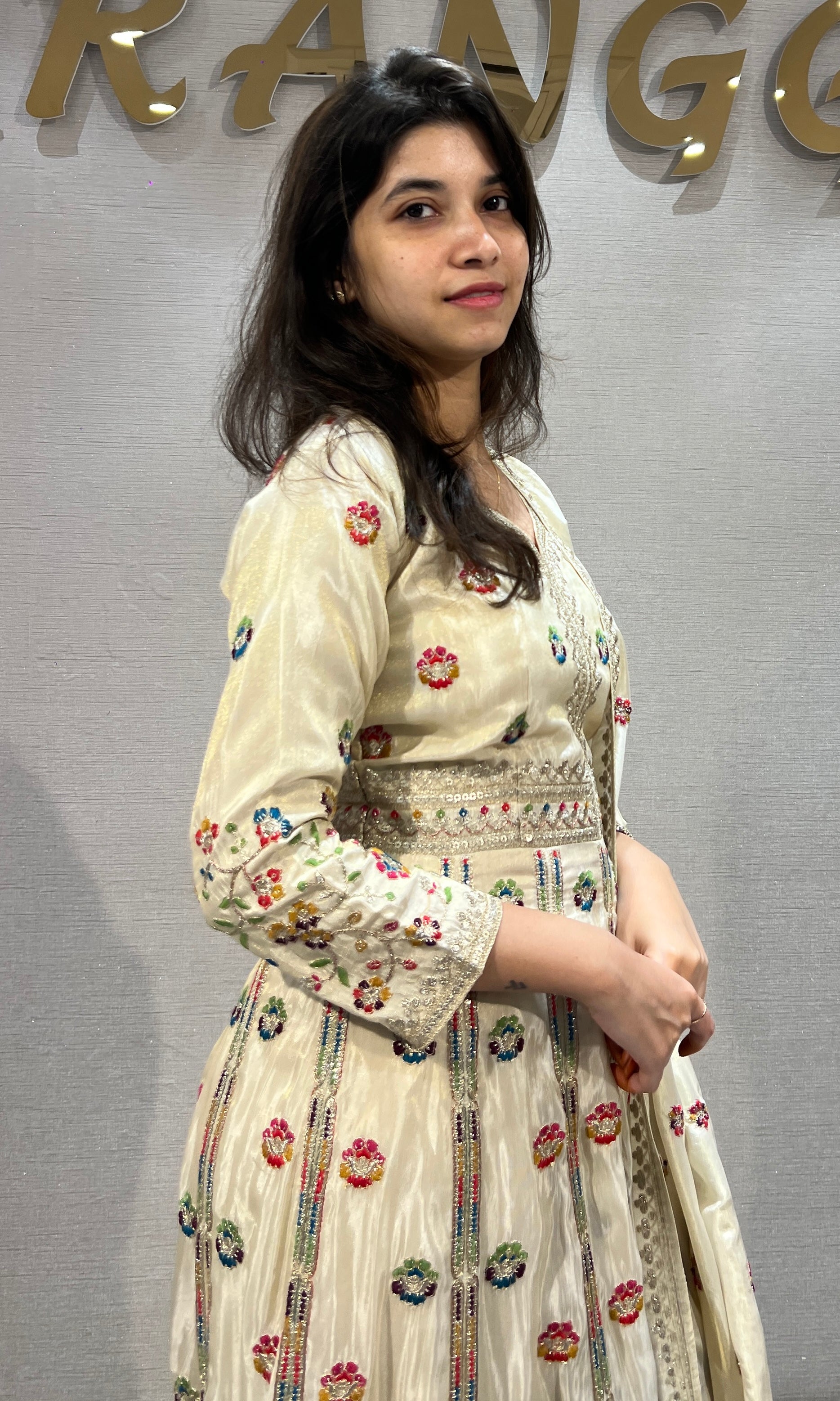 Cream Embroidered Anarkali Set with Flared Skirt