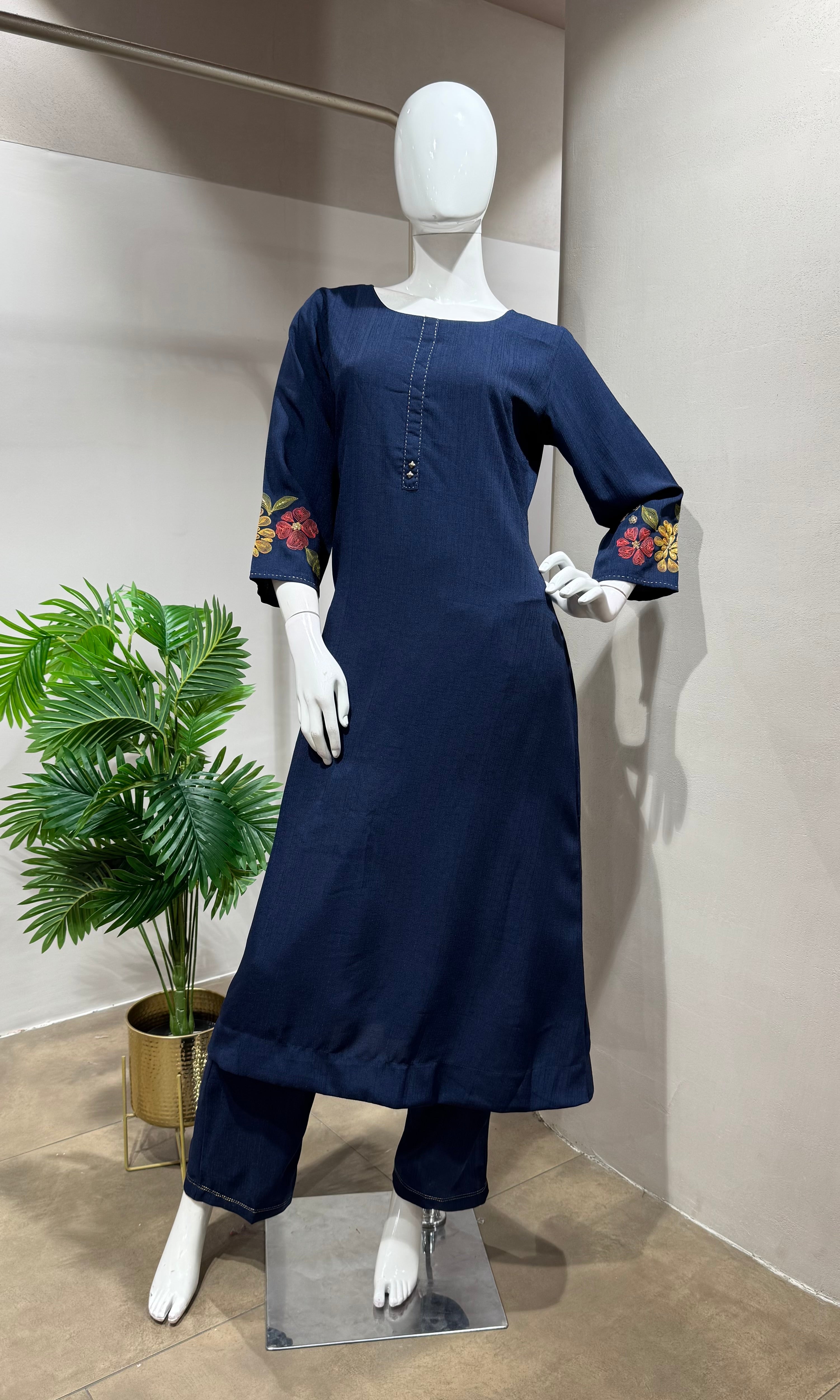 BLUE Floral Embroidery KURTI WITH BOTTOM