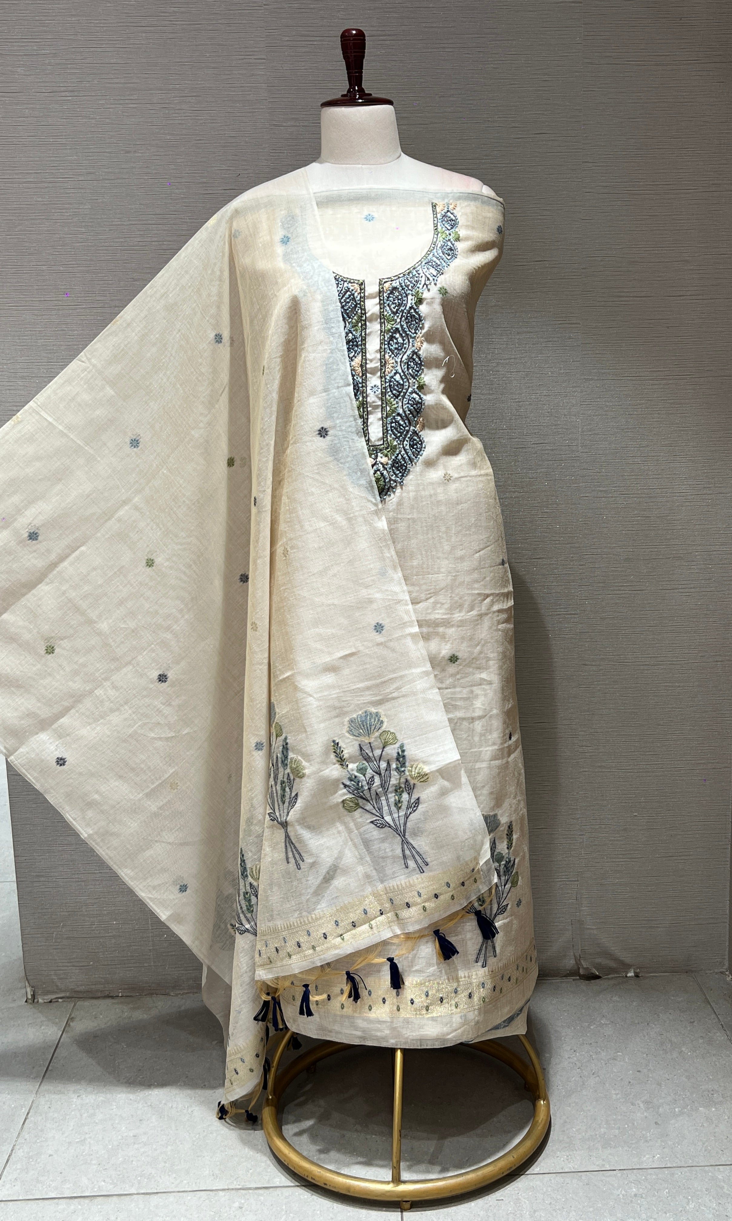 CREAM Blue EMBROIDERED dress material