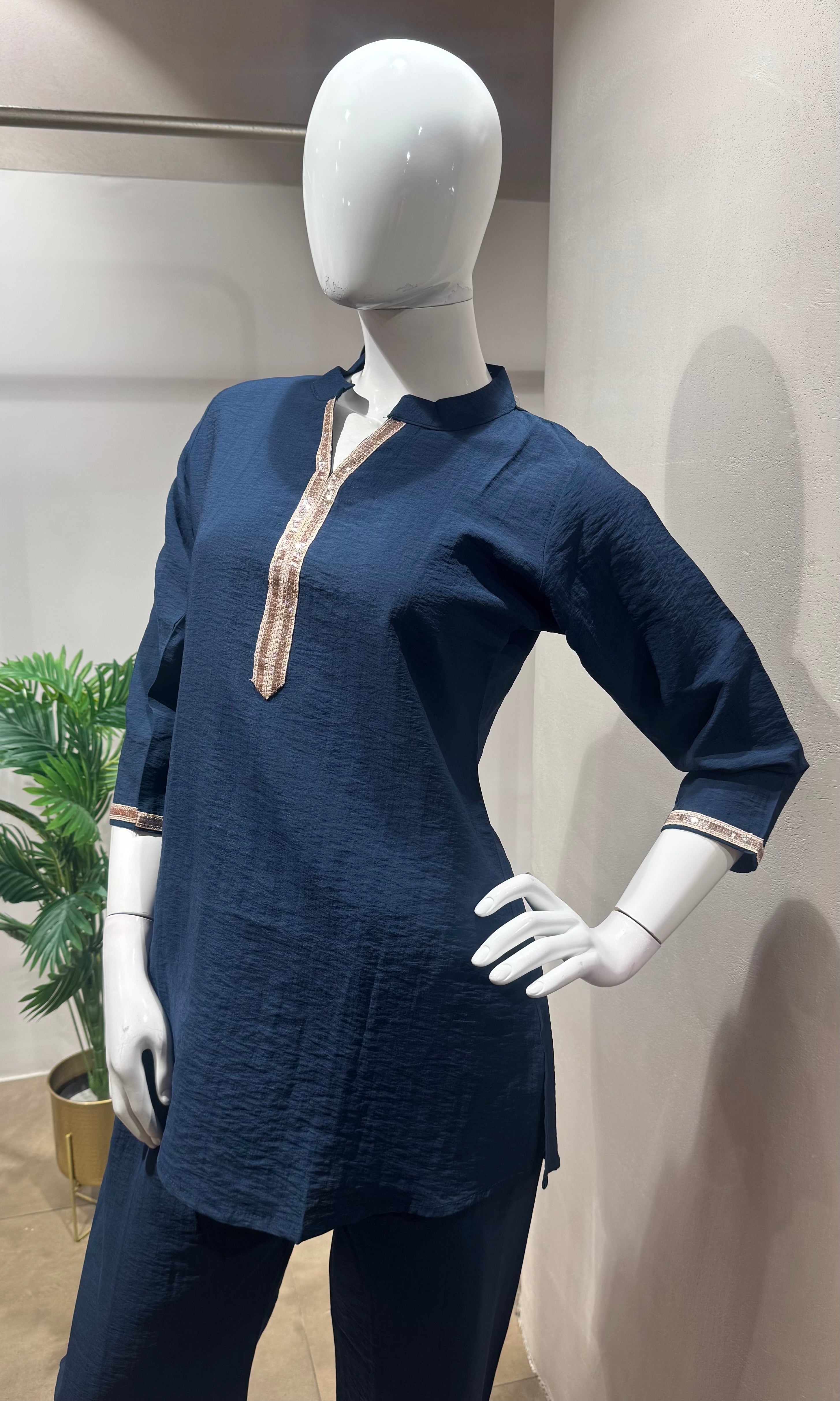 Blue golden neckline cord set
