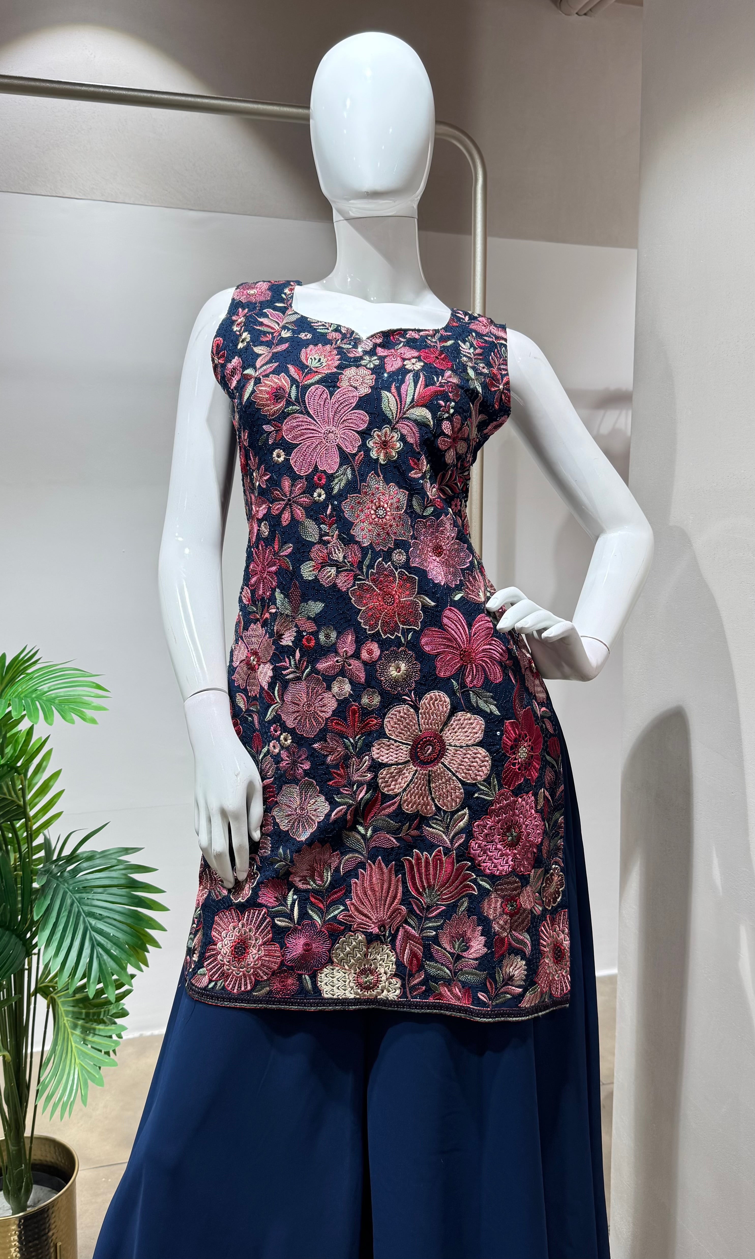 Blue floral embroidery palazzo