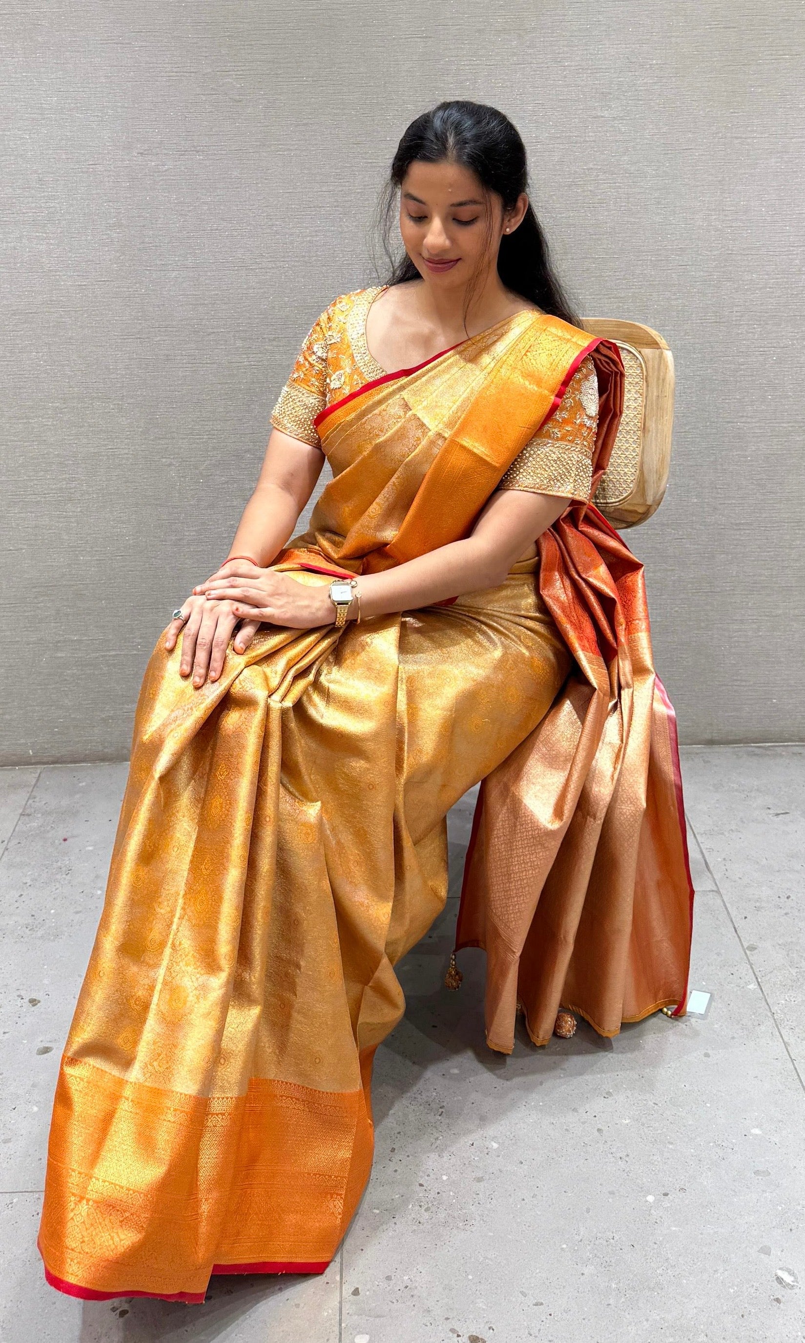 Orange pattu saree with ready blouse