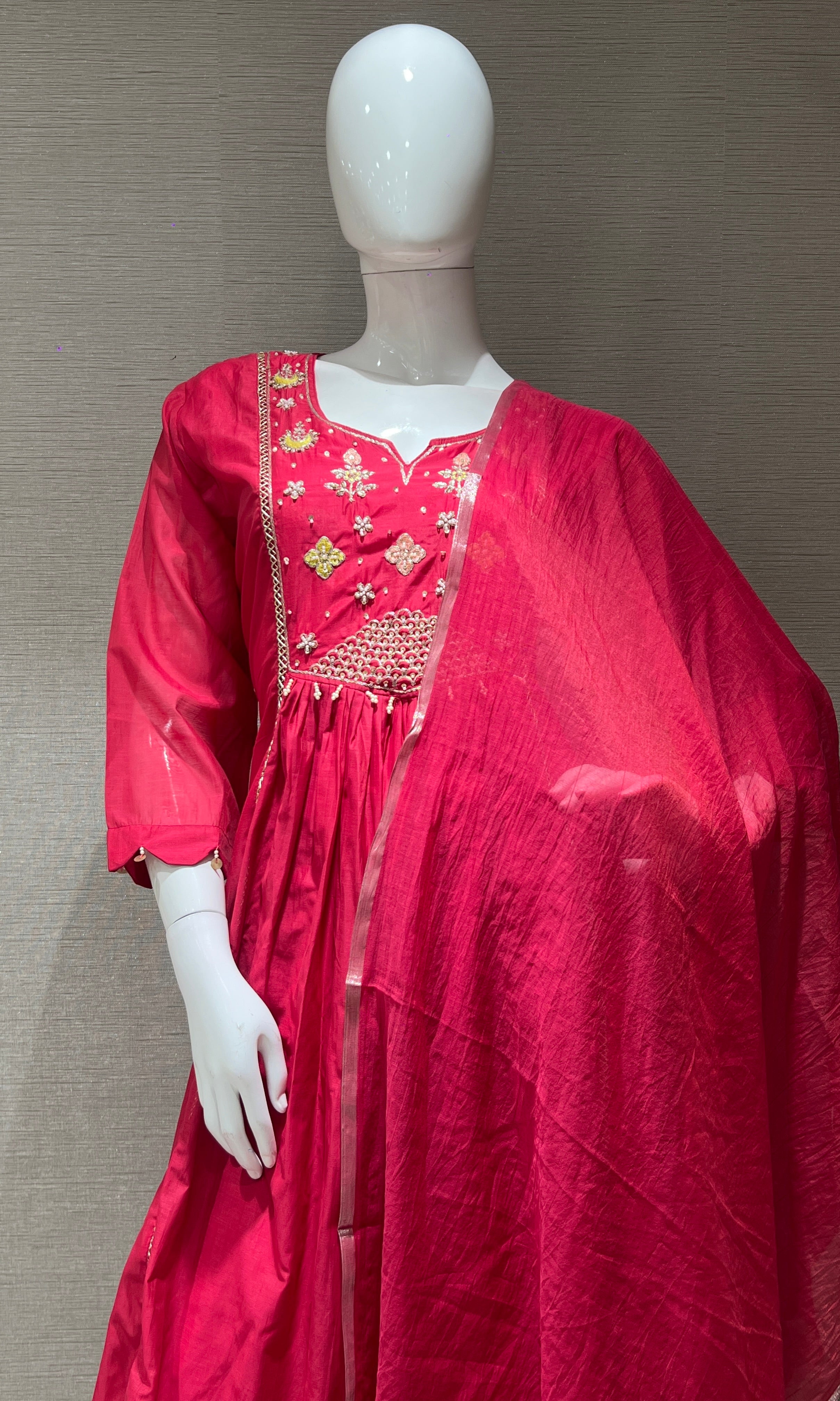 Pink MUL CHANDERI ANARKALI KURTA SET