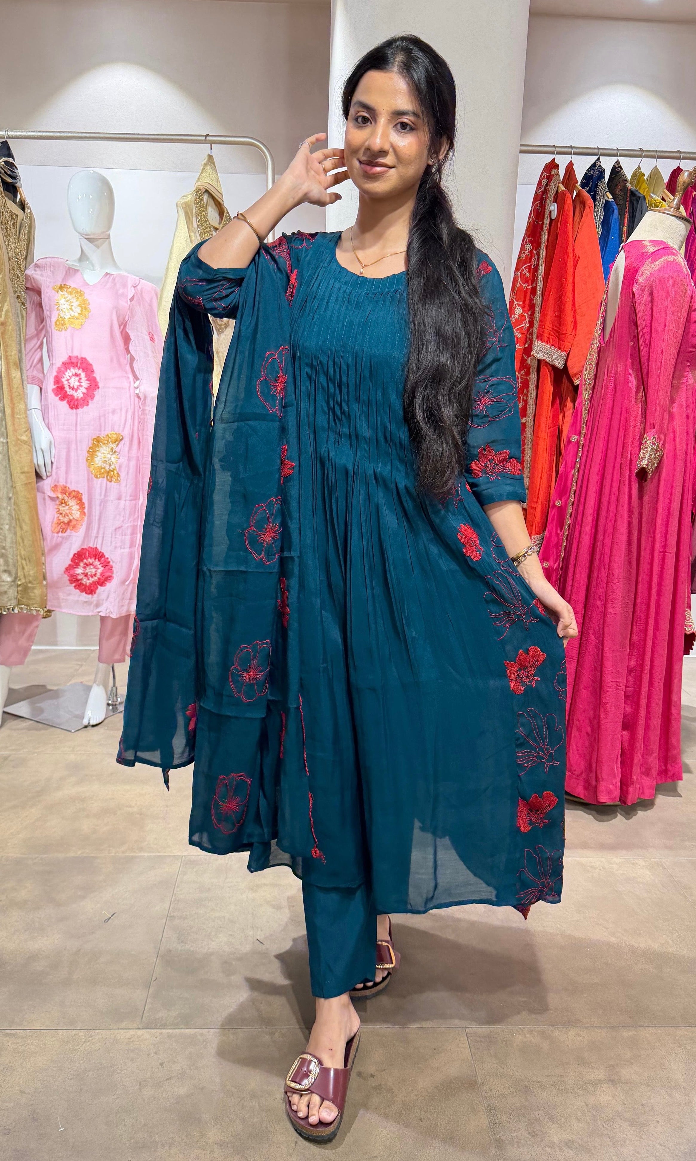 Blue Floral Embroidered Kurta Set with Dupatta