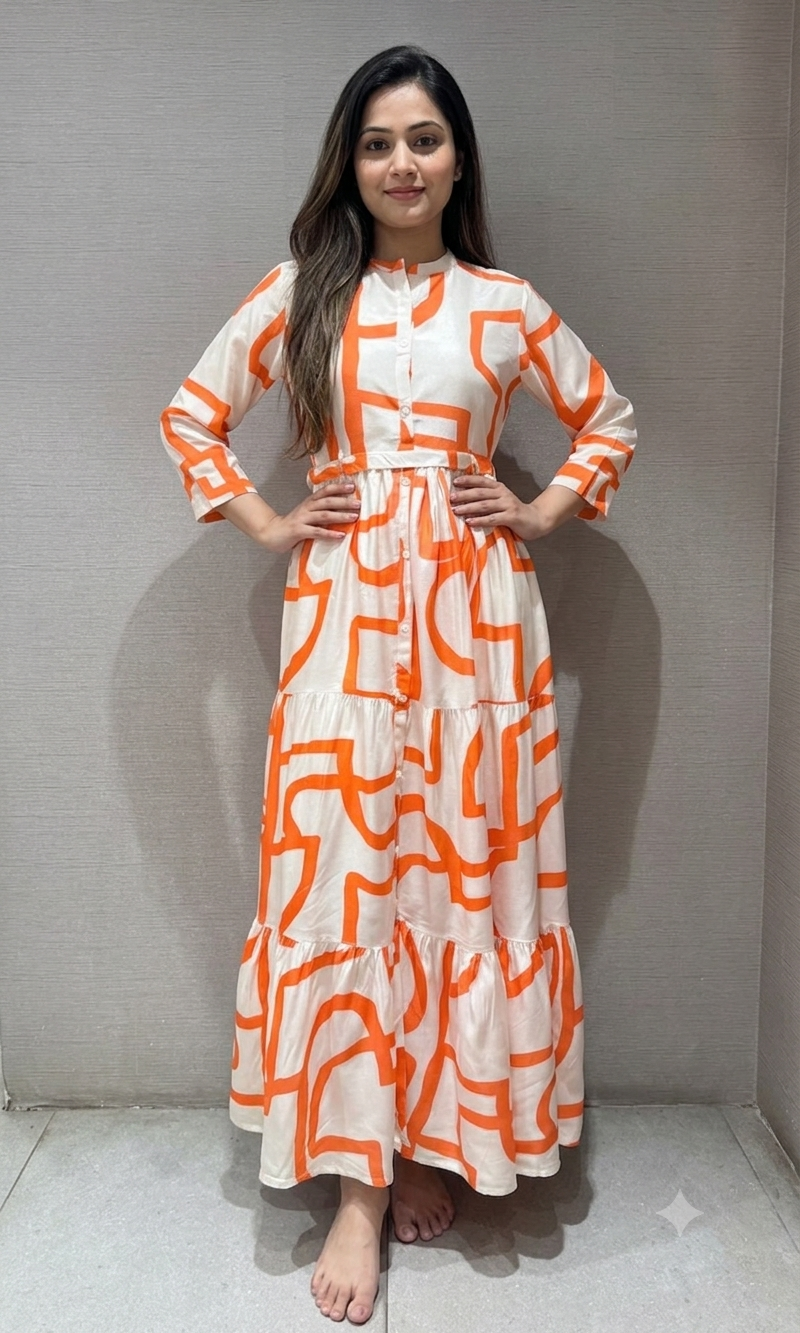 orange and white geometric tiered frock