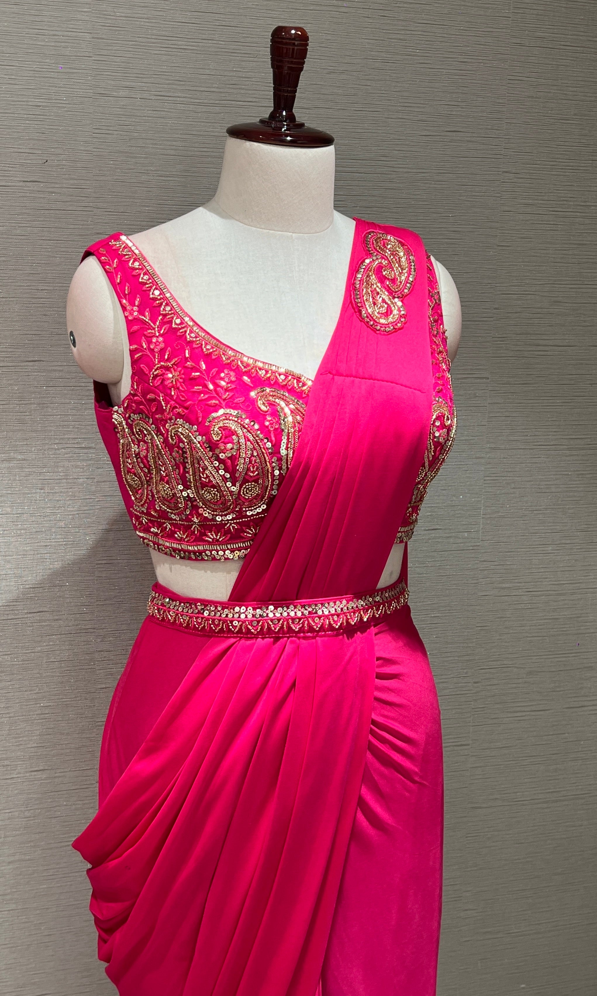 PINK Embellished Drape Saree WITH BLOUSE & BELT