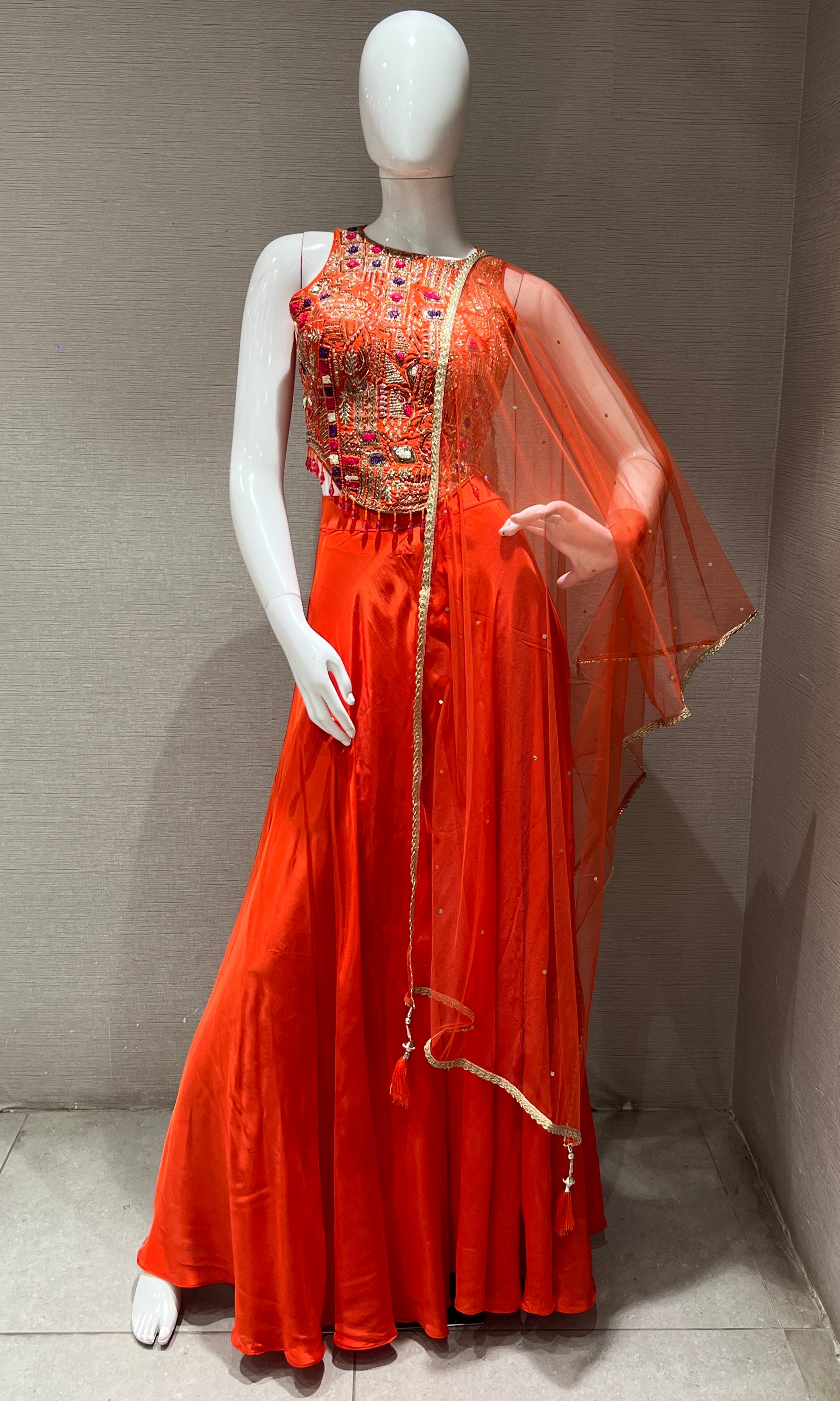 orange and gold embroidered palazzo set