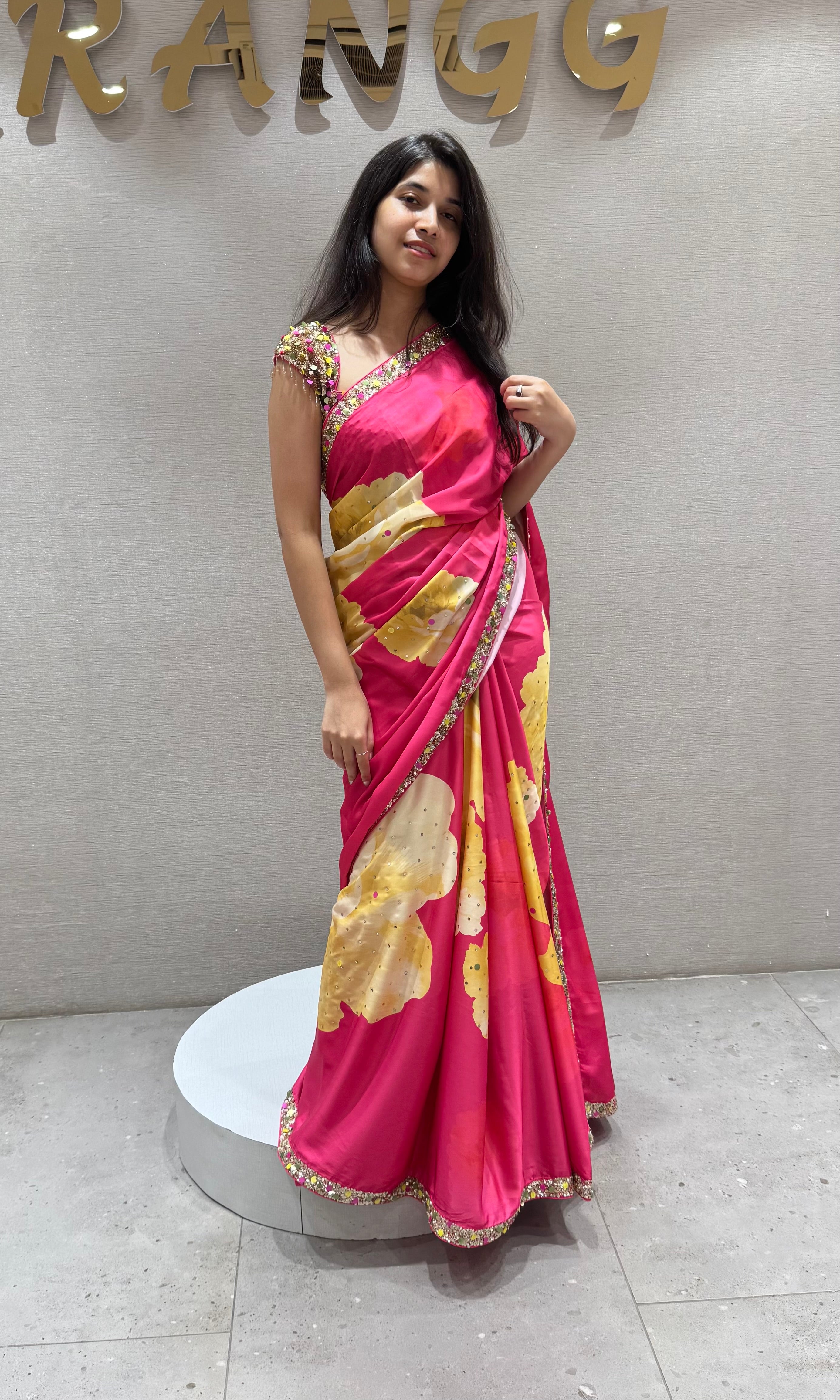 Pink Floral Saree WITH EMBROIDERED BLOUSE