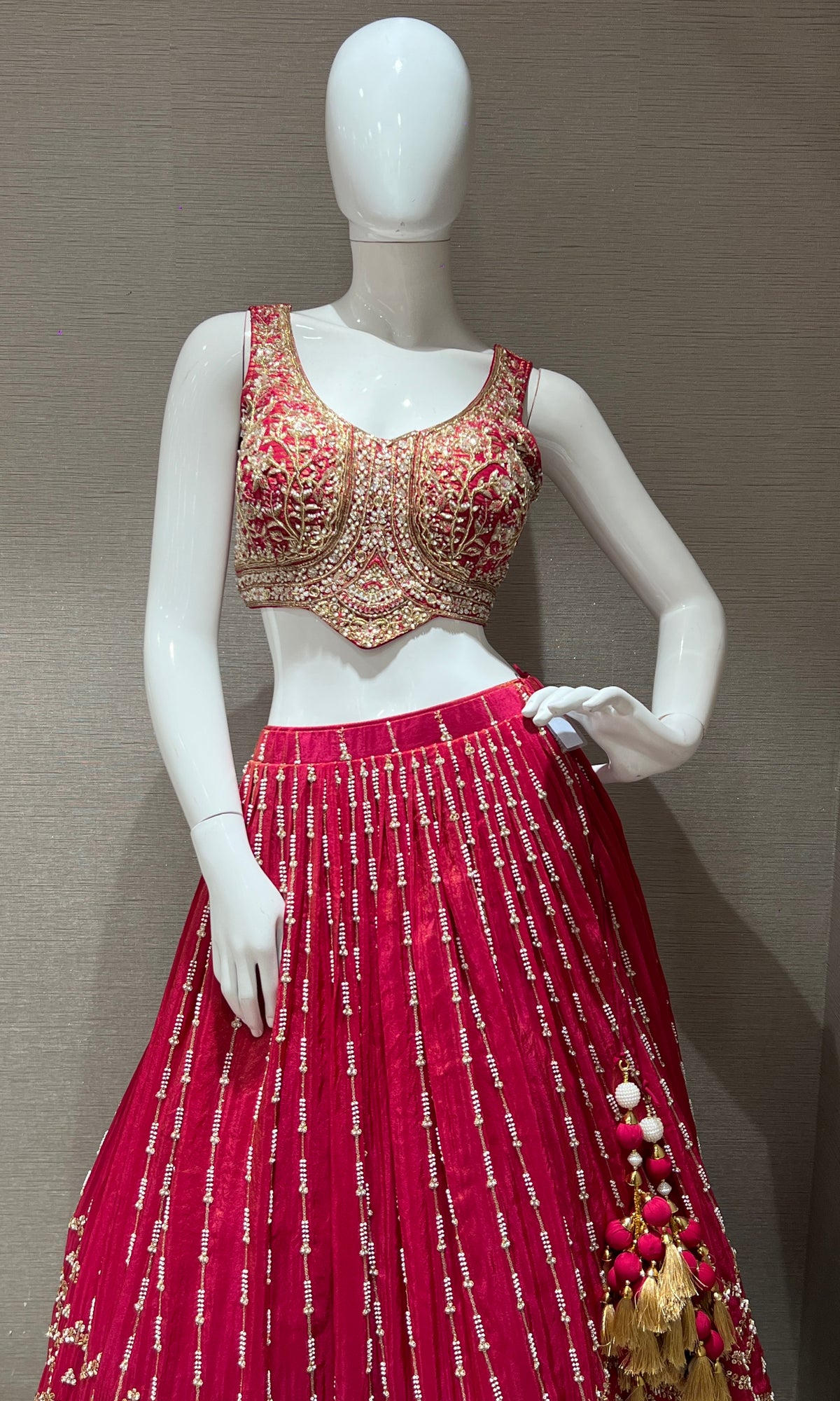 Bright red maroon tissue Embroidered Lehenga