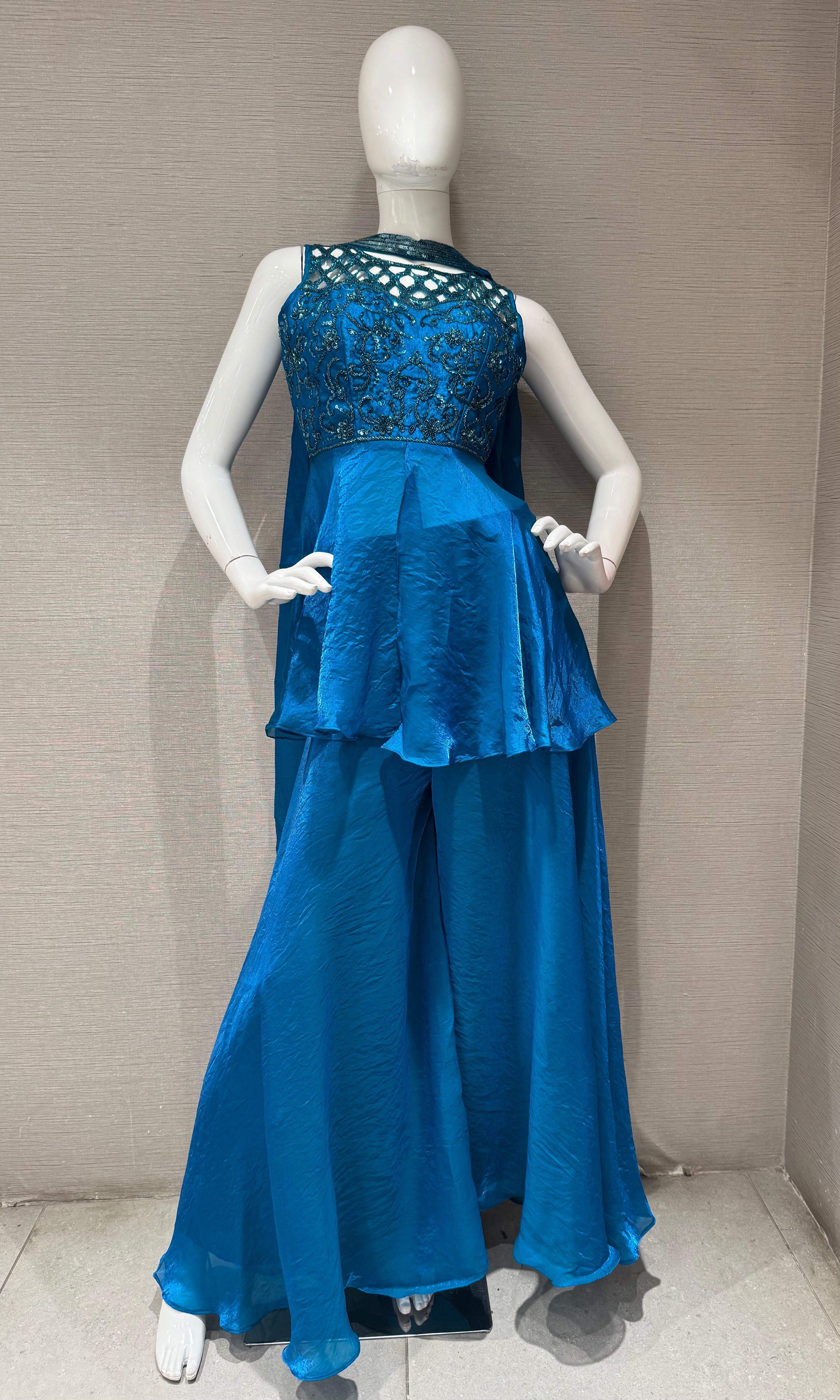 Rama Blue Lace Bodice Peplum Palazzo set