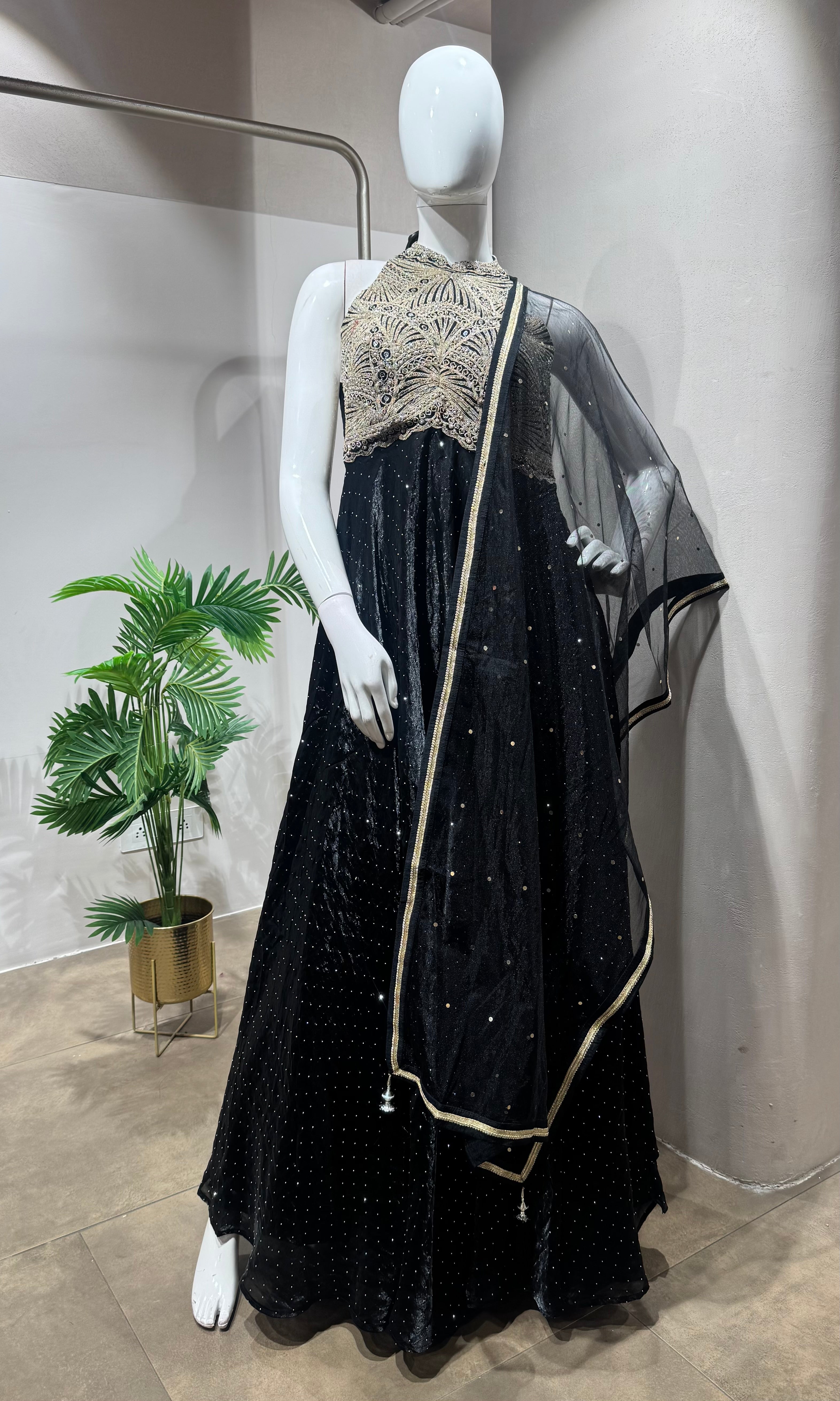 BLACK HALTER GOLDEN EMBROIDERED ANARKALI SET