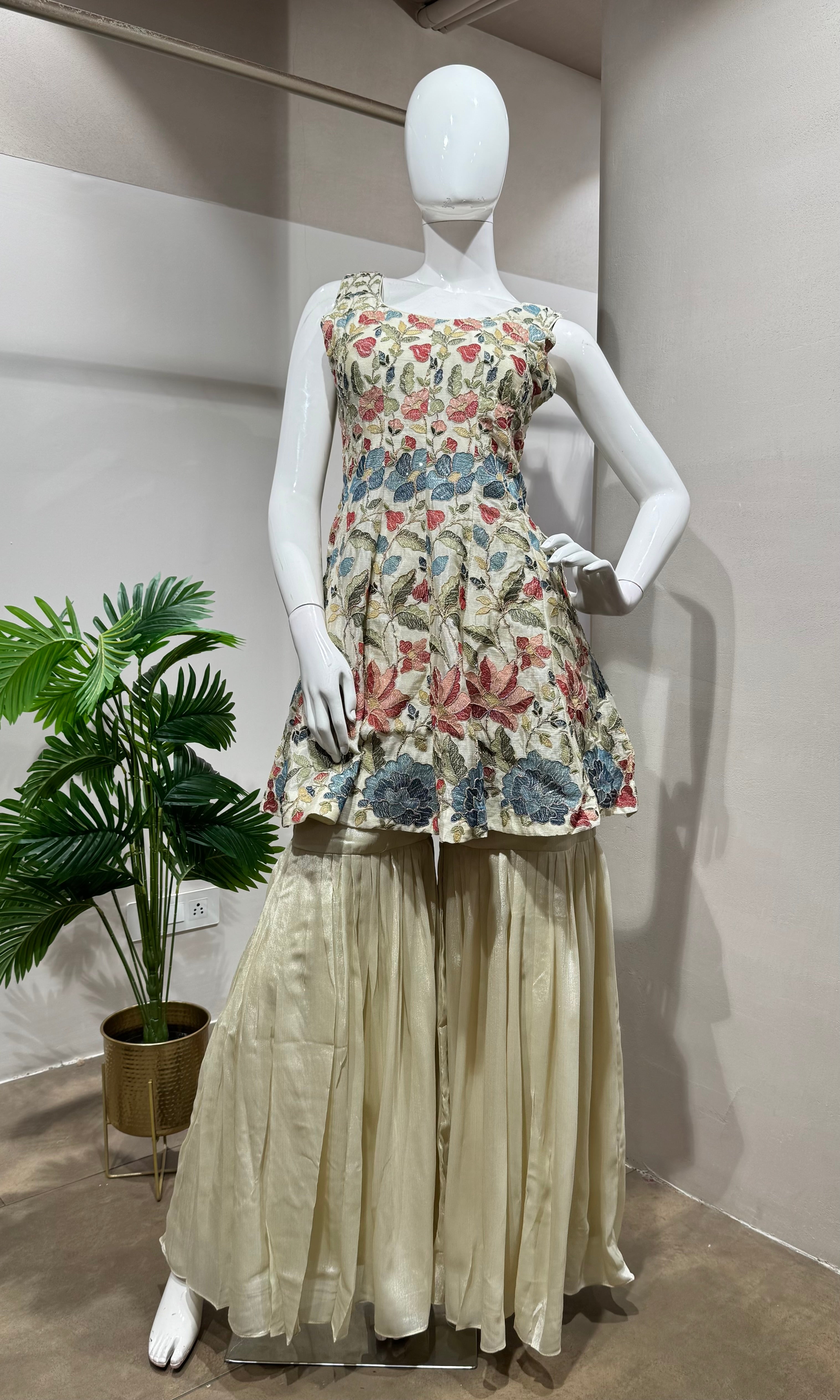 CREAM Floral Embroidery SHARARA Set