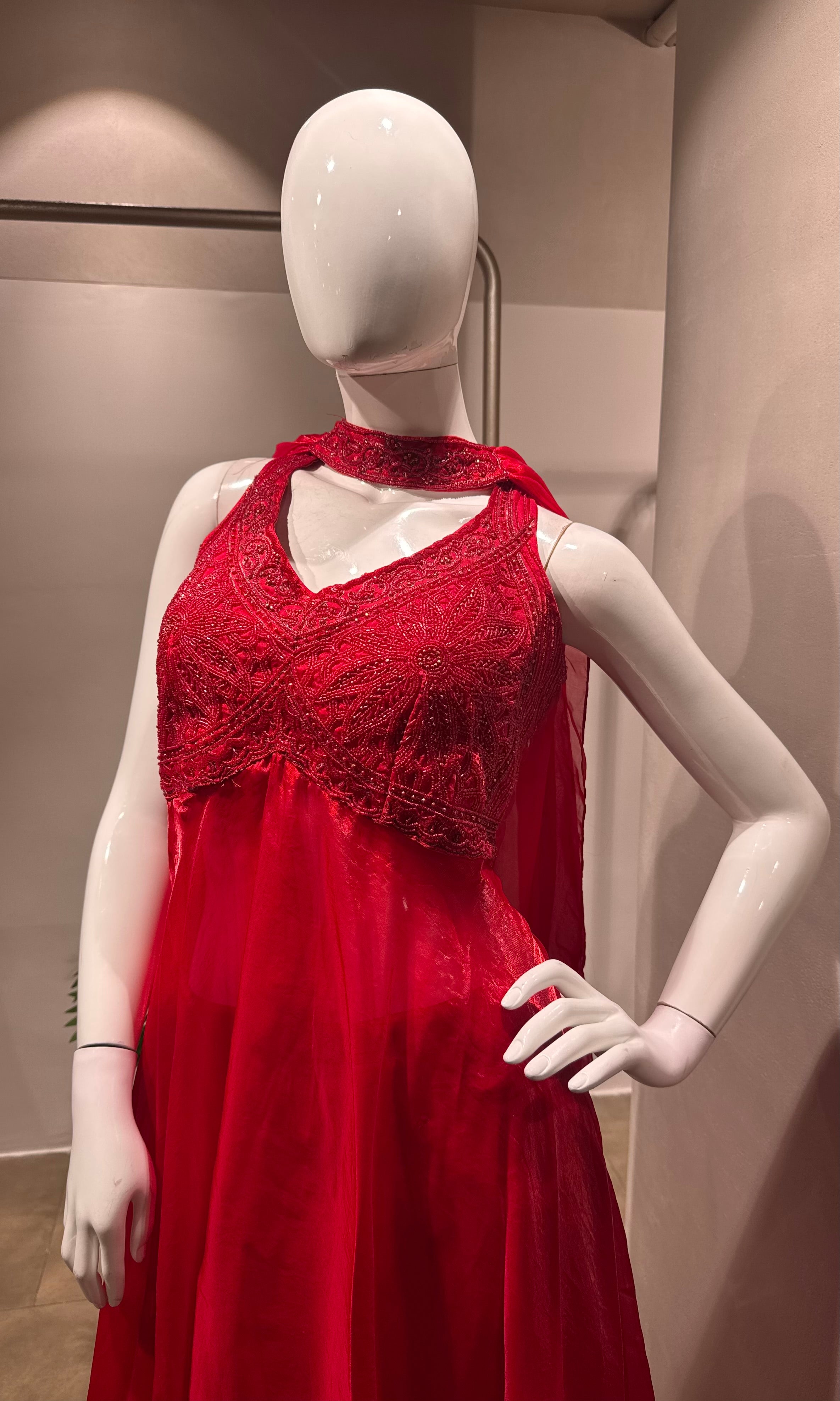 Red Front-Slit Anarkali Palazzo Set