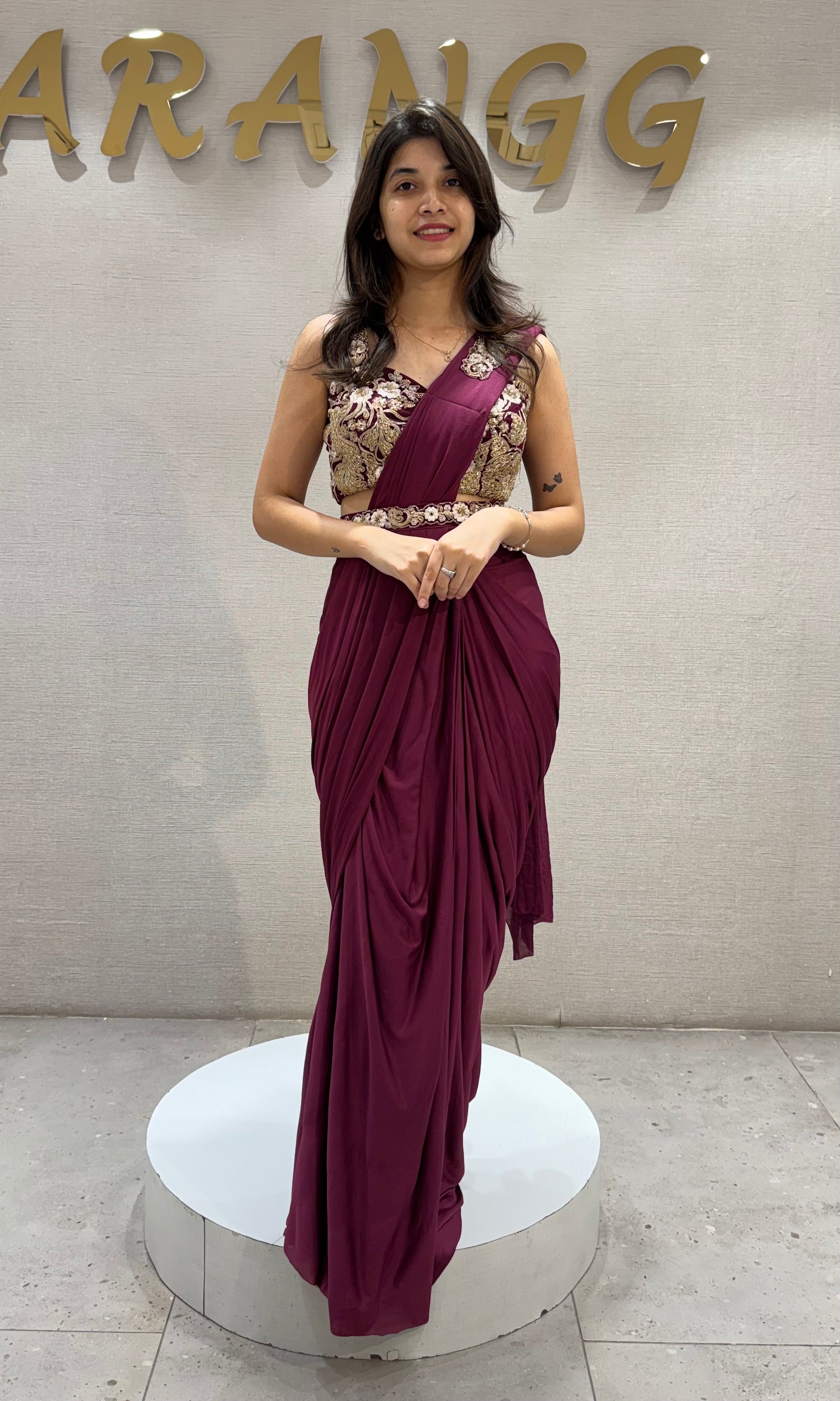 Wine Draped Saree with Embroidered Blouse