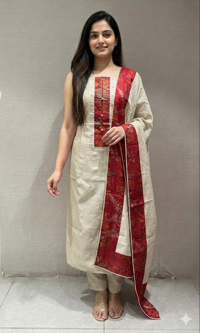 BEAGH AND RED DRESS MATERIAL