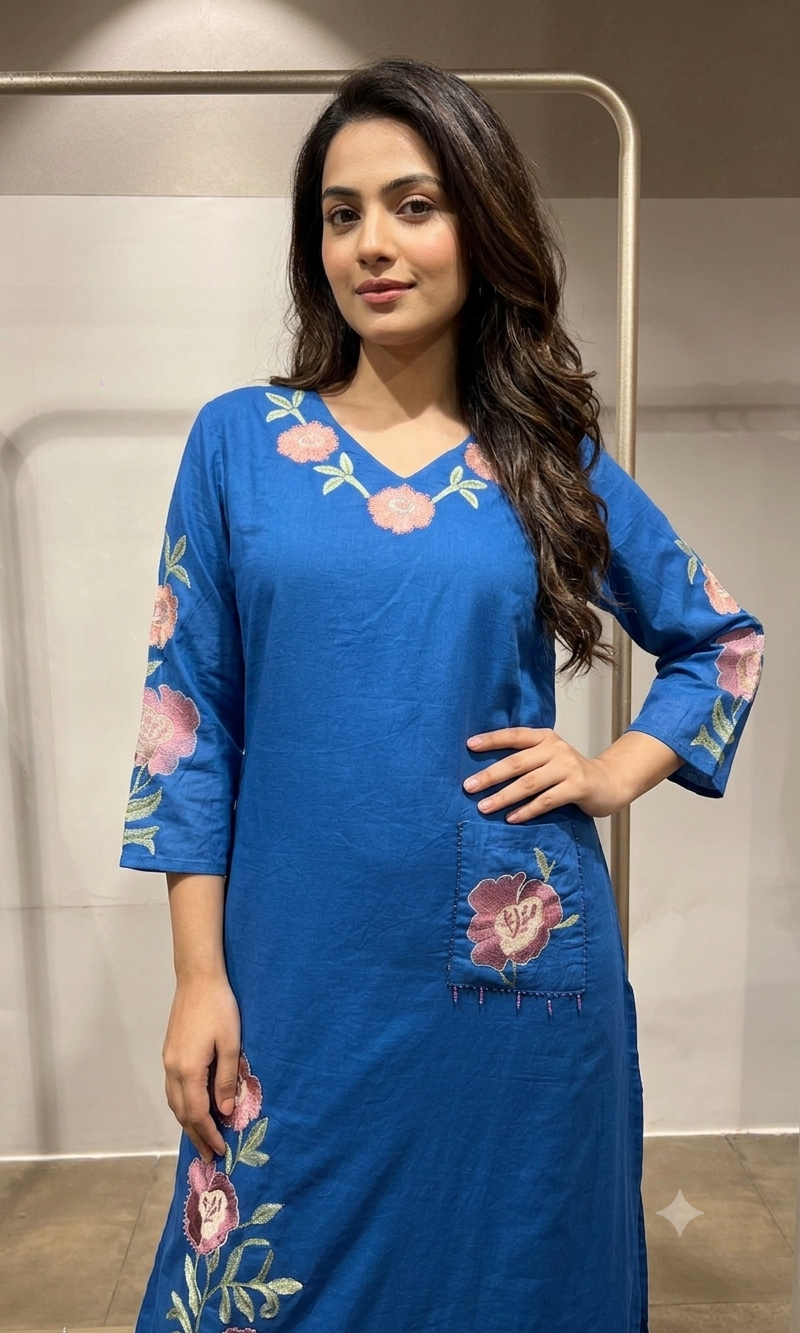 blue Silk kurta set with Rose Embroidery