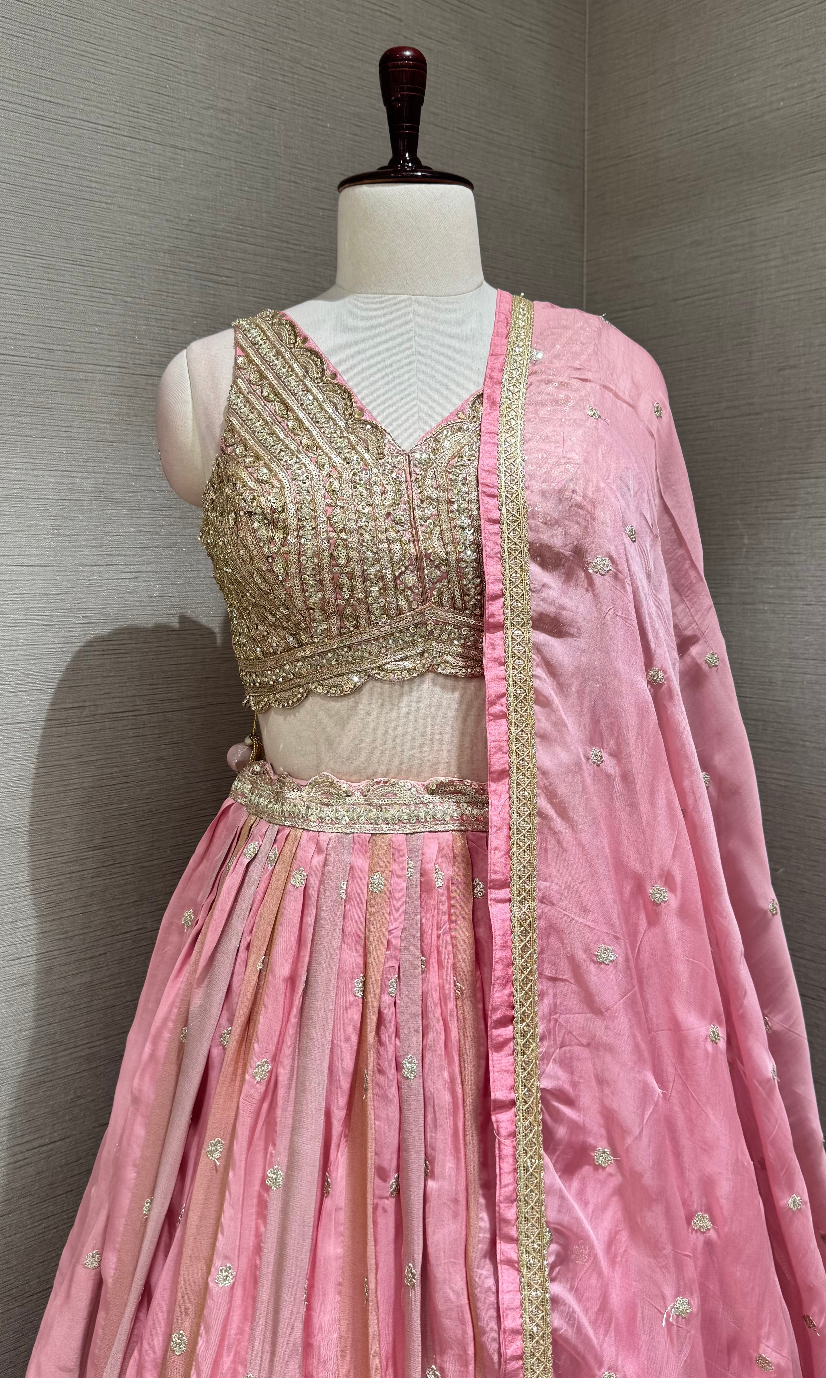 Blush Pink Silk Lehenga Set with Intricate Gold Borders