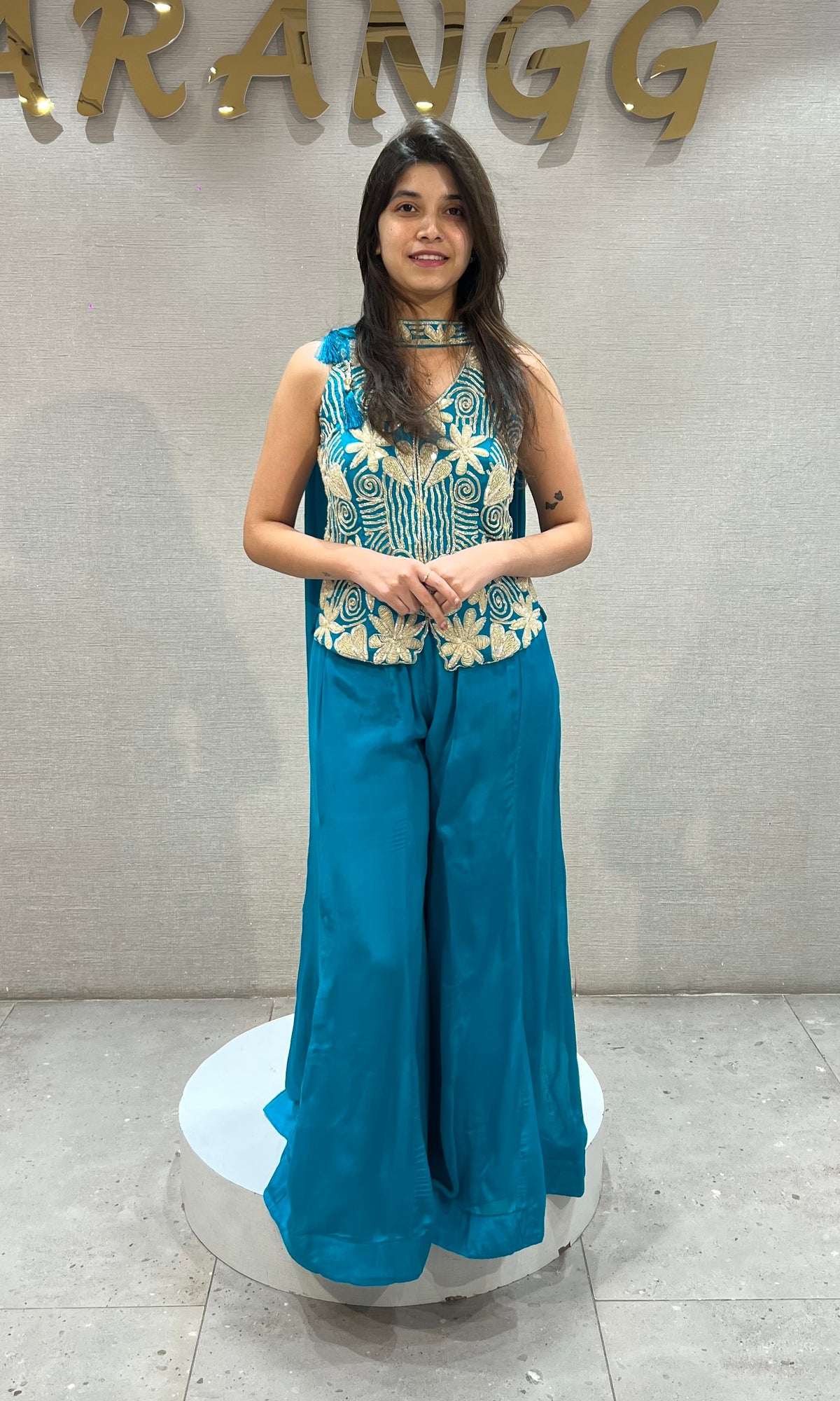 Rama silk gold floral embroidered peplum palazzo set